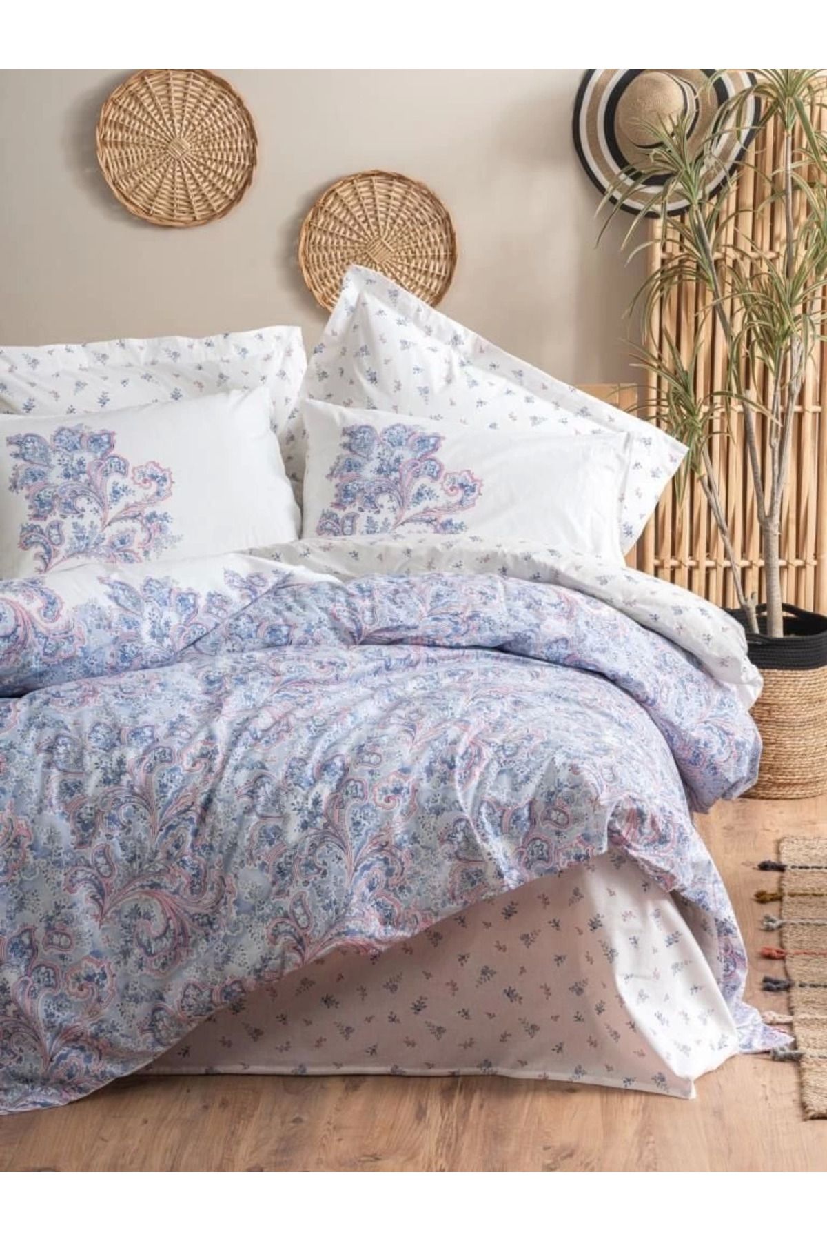 ÖYKÜ VE YİĞİT Cotton Box Bohem Nevresim Takımı Çift Kişilik Mapiya Mavi