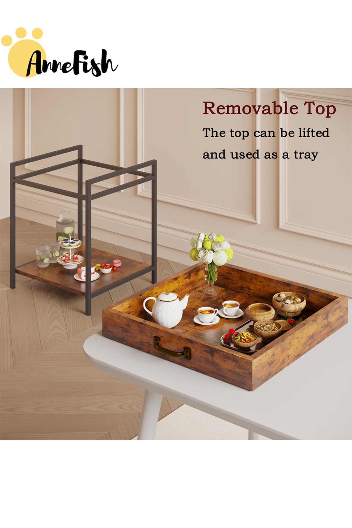 AnneFish-60*40*43cm Side Table Tray Coffee Service Table Removable Top End Table Sofa Bedside Table 3