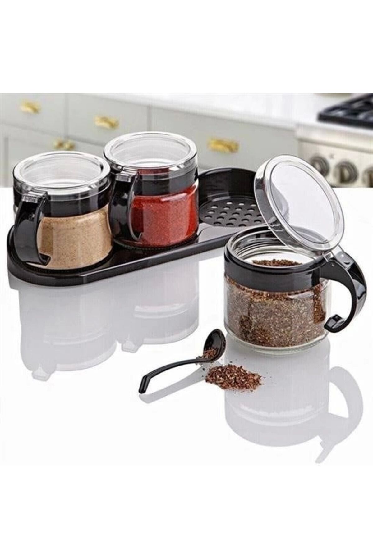 MELFSHOP Siyah 3lü Standlı Kapaklı Kaşıklı Cam Hava Sızdırmaz Baharatlık Takımı KC-386