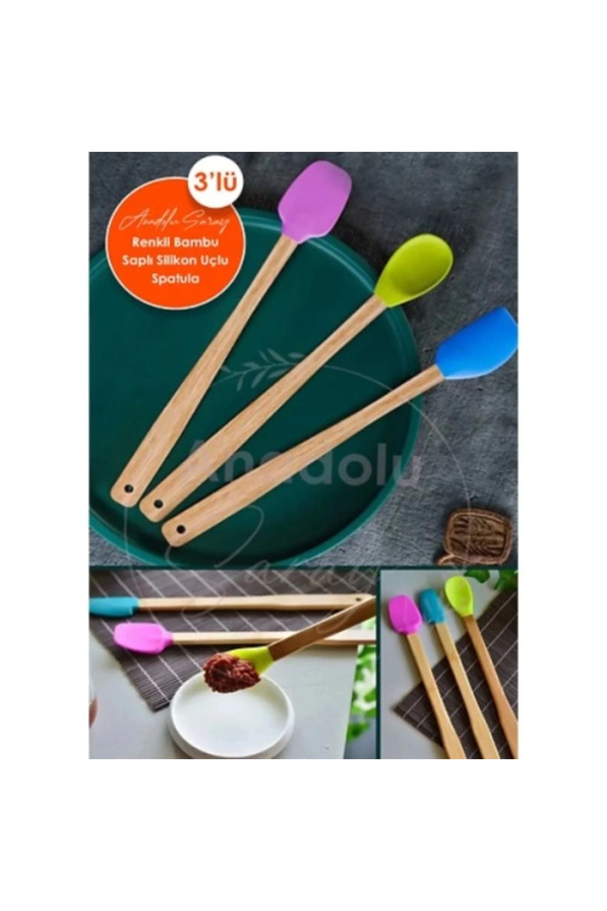 KAKTÜS JACK Silikon Uçlu Isıya Dayanıklı Bambu Spatula 3'lü Set