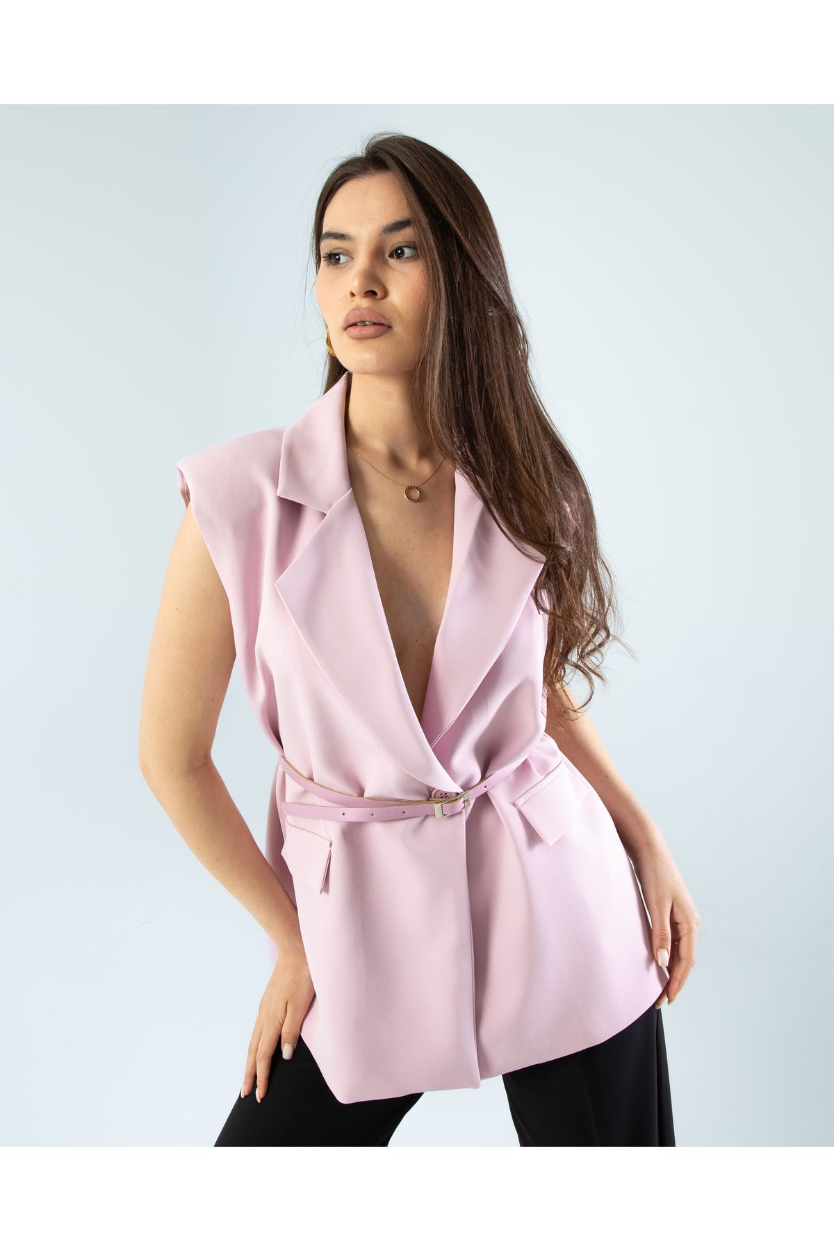 Mhm vatkalı kemerli oversize yelek