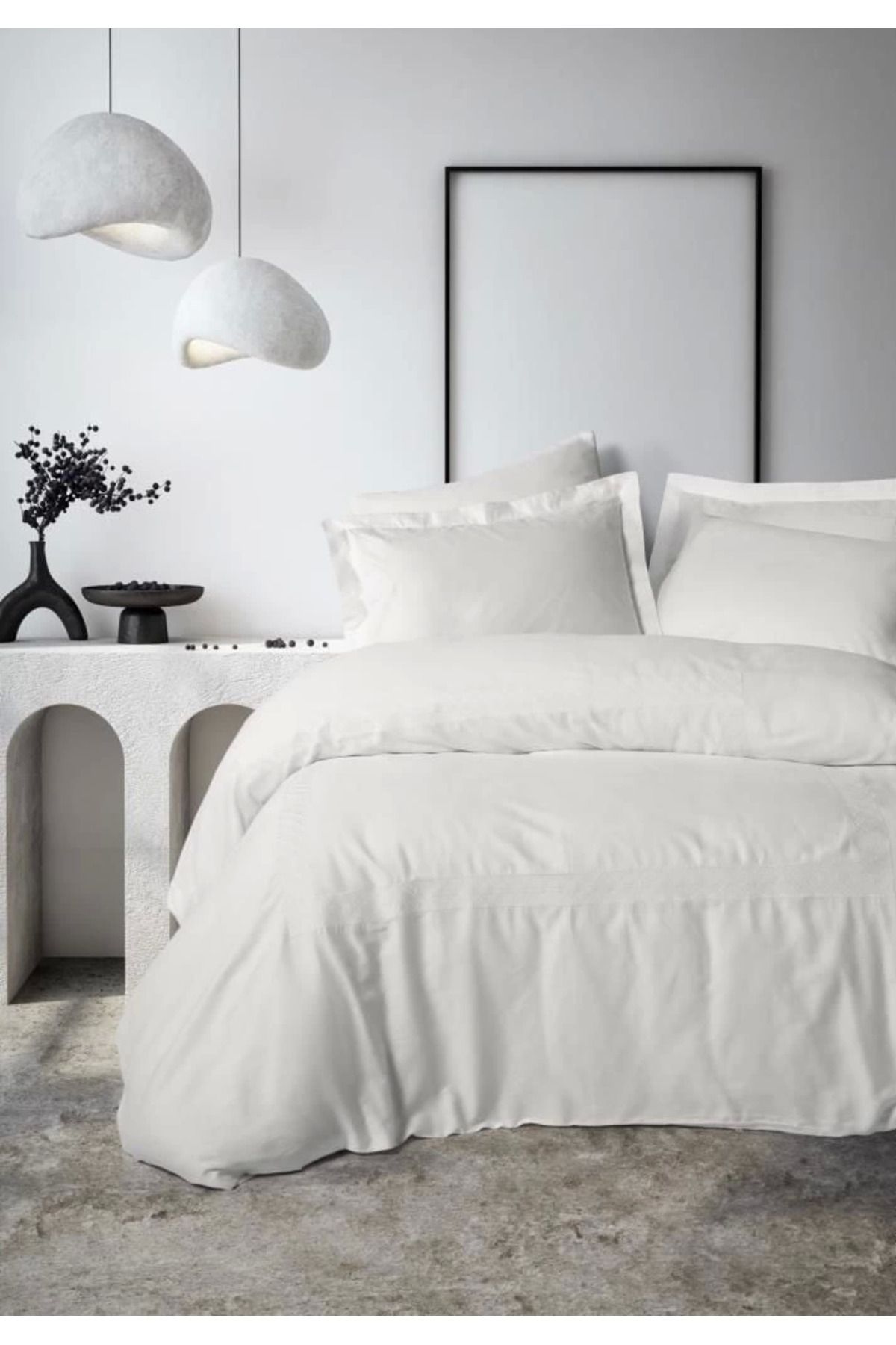 ÖYKÜ VE YİĞİT Cotton Box Brode Nakışlı Çift Kişilik Saten Nevresim Takımı Galant Beyaz