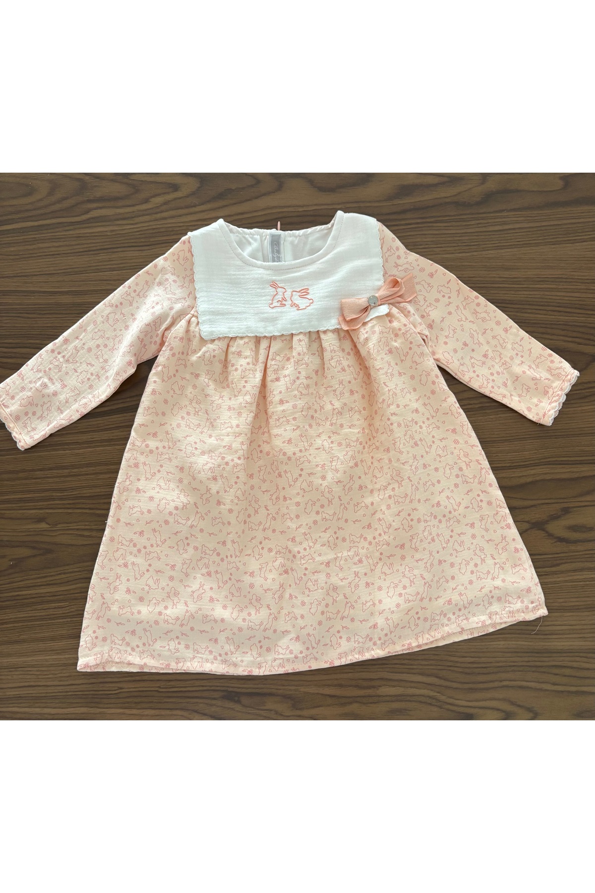 Babydola %100 Pamuk Müslin Tavşan Nakışlı Kız Bebek Elbisesi - Uzun Kollu fotoğrafı 3 (önizleme)