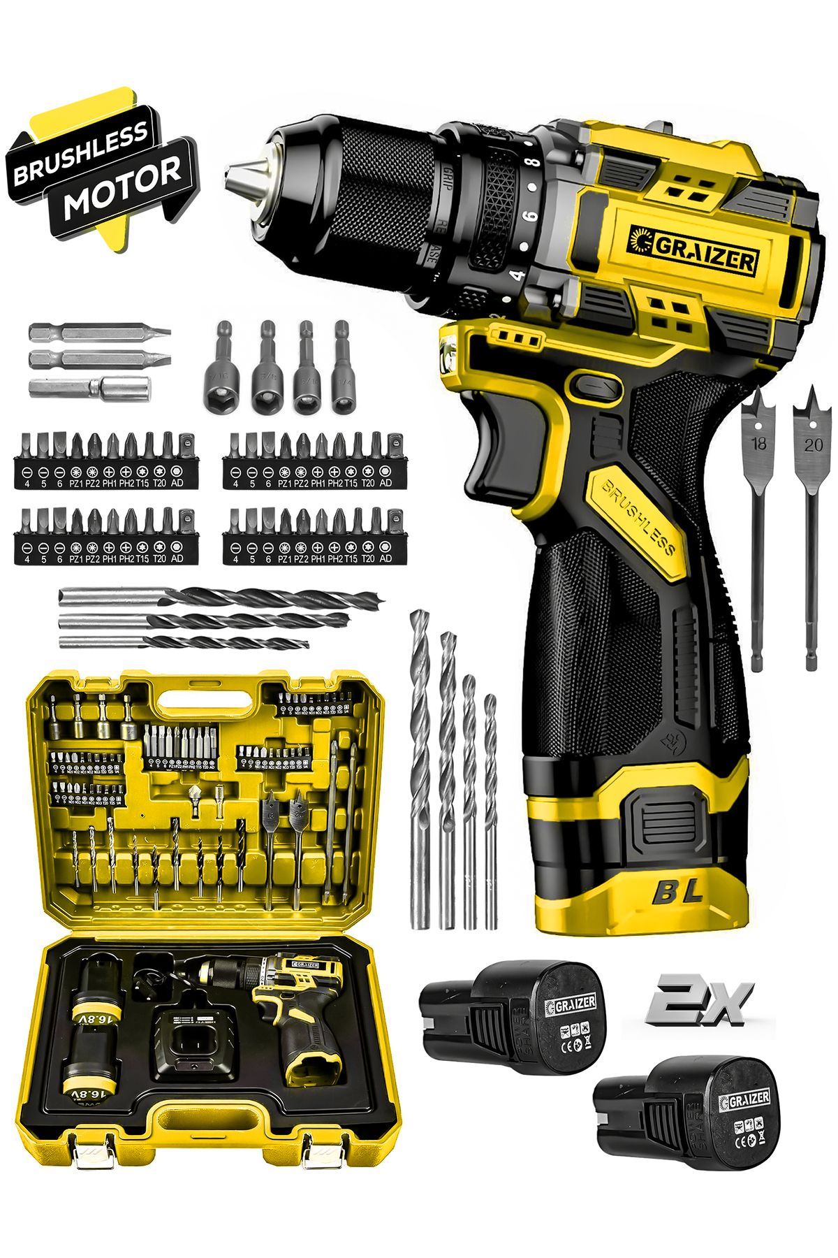Graizer Powerforge 16.8v Çift Akü Çelik Mandren Kömürsüz Motor Darbesiz Şarjlı Matkap Akülü Vidalama-Sarı