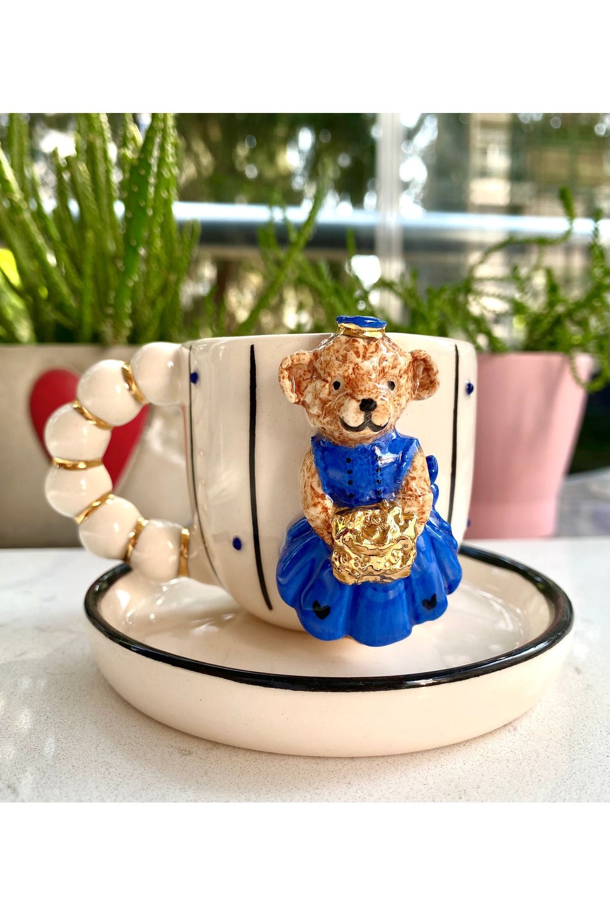 NOF El Yapımı Seramik Gerçek 24K Altın Dekorlu Gelin Teddy Türk Kahvesi Fincanı