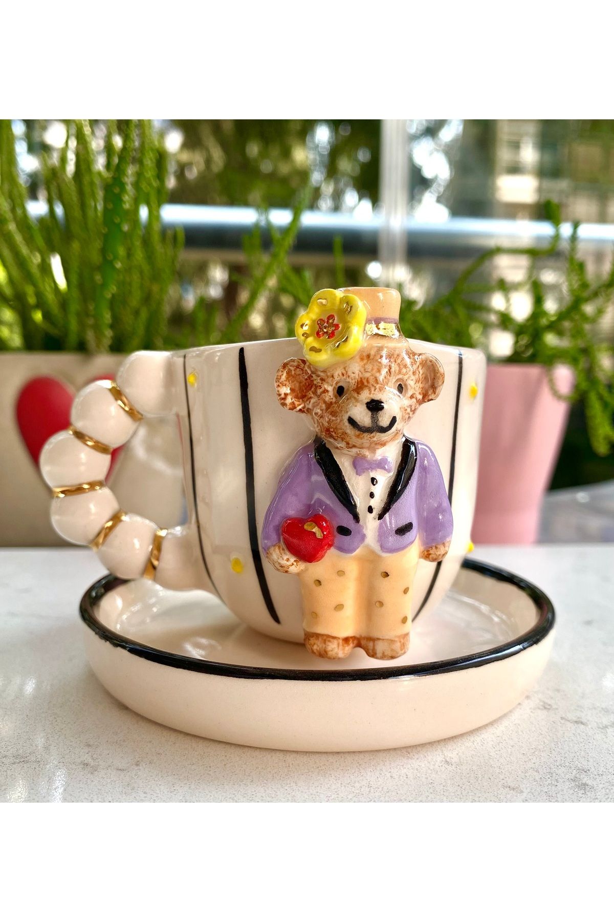 NOF El Yapımı Seramik Gerçek 24K Altın Dekorlu Damat Teddy Türk Kahvesi Fincanı