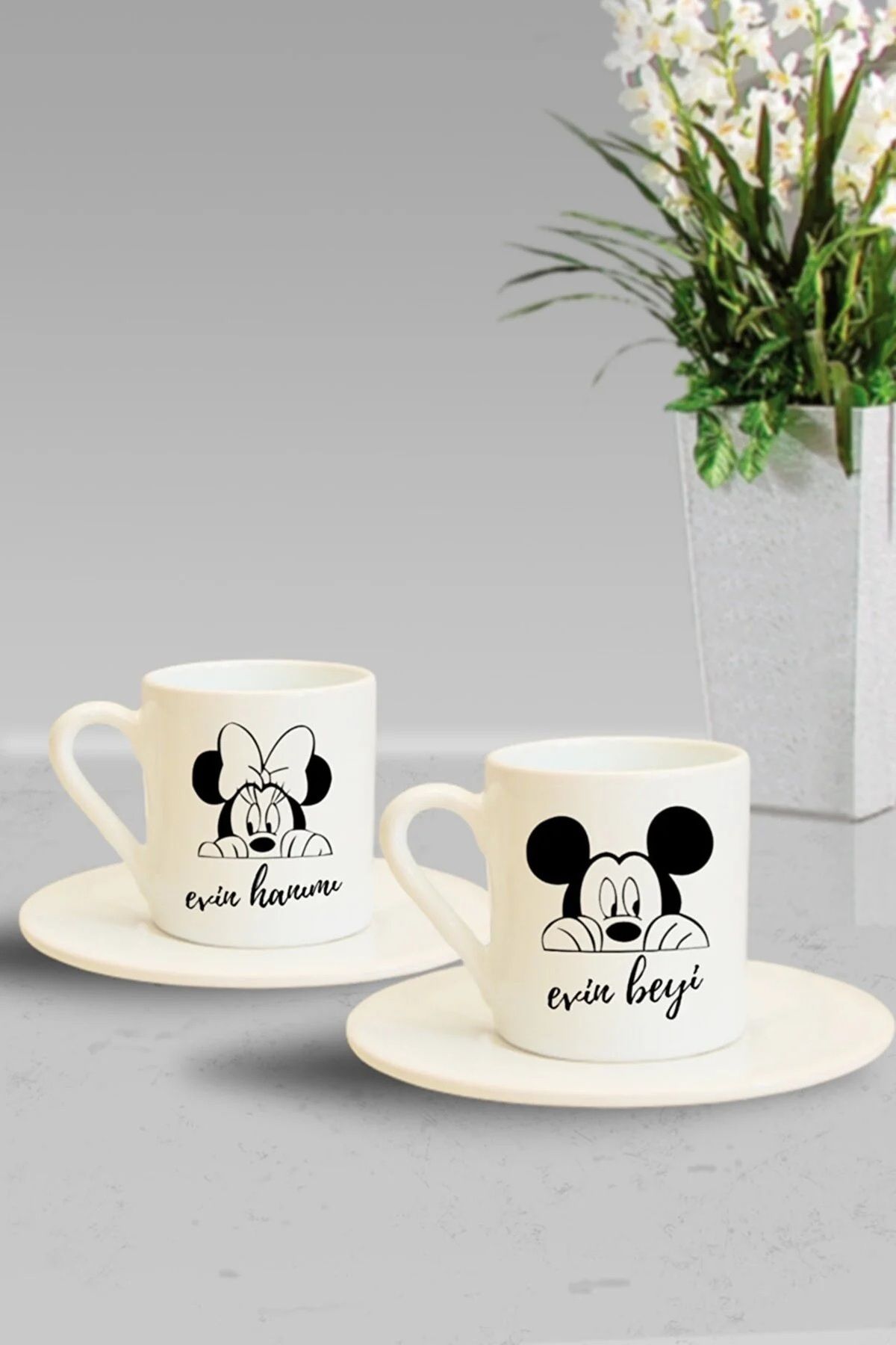 BİBANAPROMOSYON Mickey Mouse 2'li Evin Hanımı-beyi Tasarımlı Türk Kahvesi Fincanı