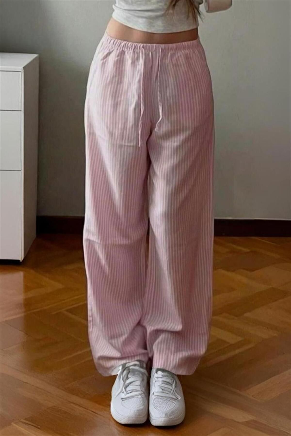 Karakedi Pembe Çizgili Beli Lastikli Harajuku Eşofman