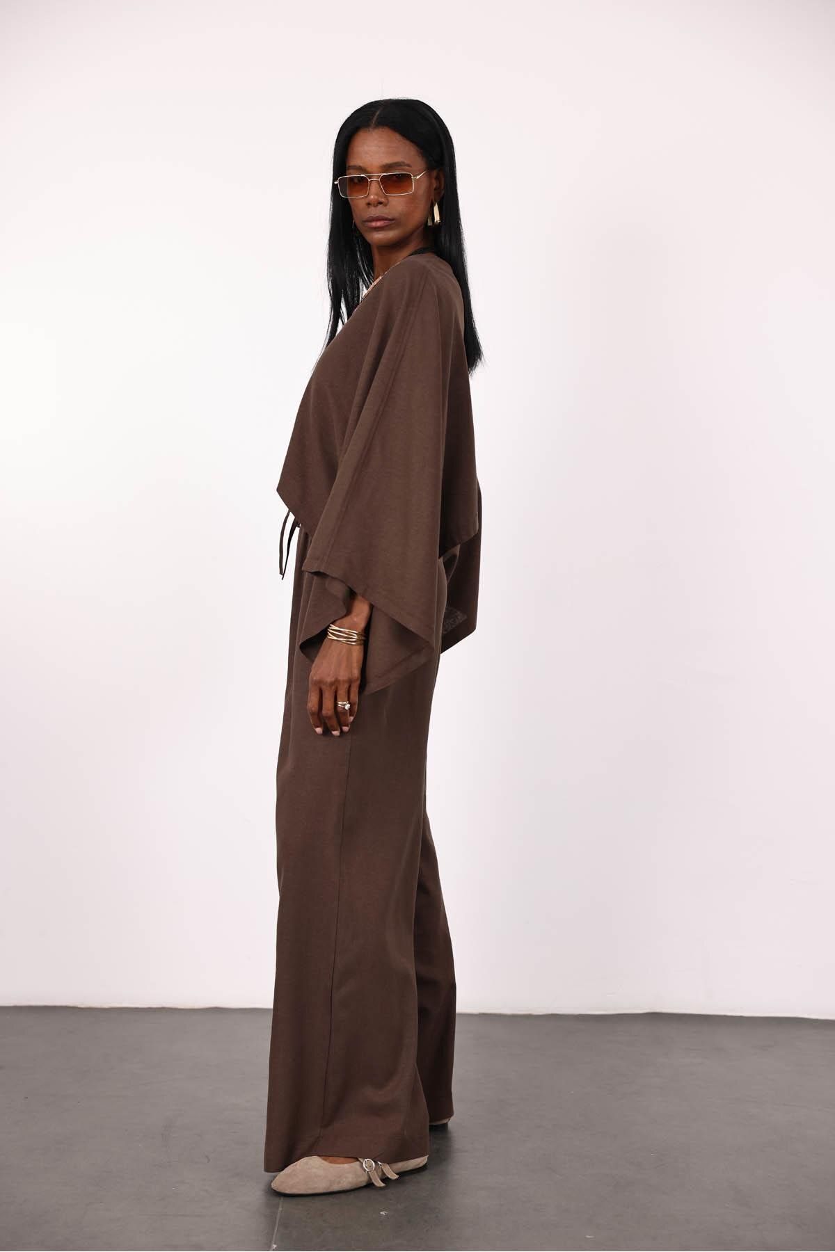 5in1Canpolat-Bitter Brown Bat Sleeve Blouse Trousers Set 5