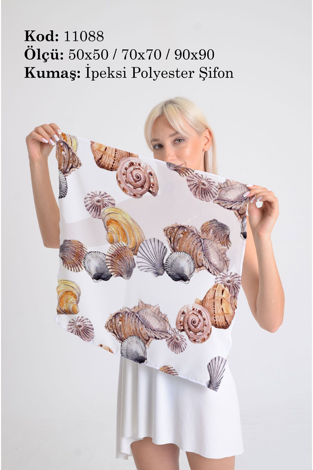 DESENİX Suluboya Deniz Kabukları Desenli İpeksi Şifon Fular - Şal, Eşarp, Boyunluk - 50x50, 70x70, 90x90 cm