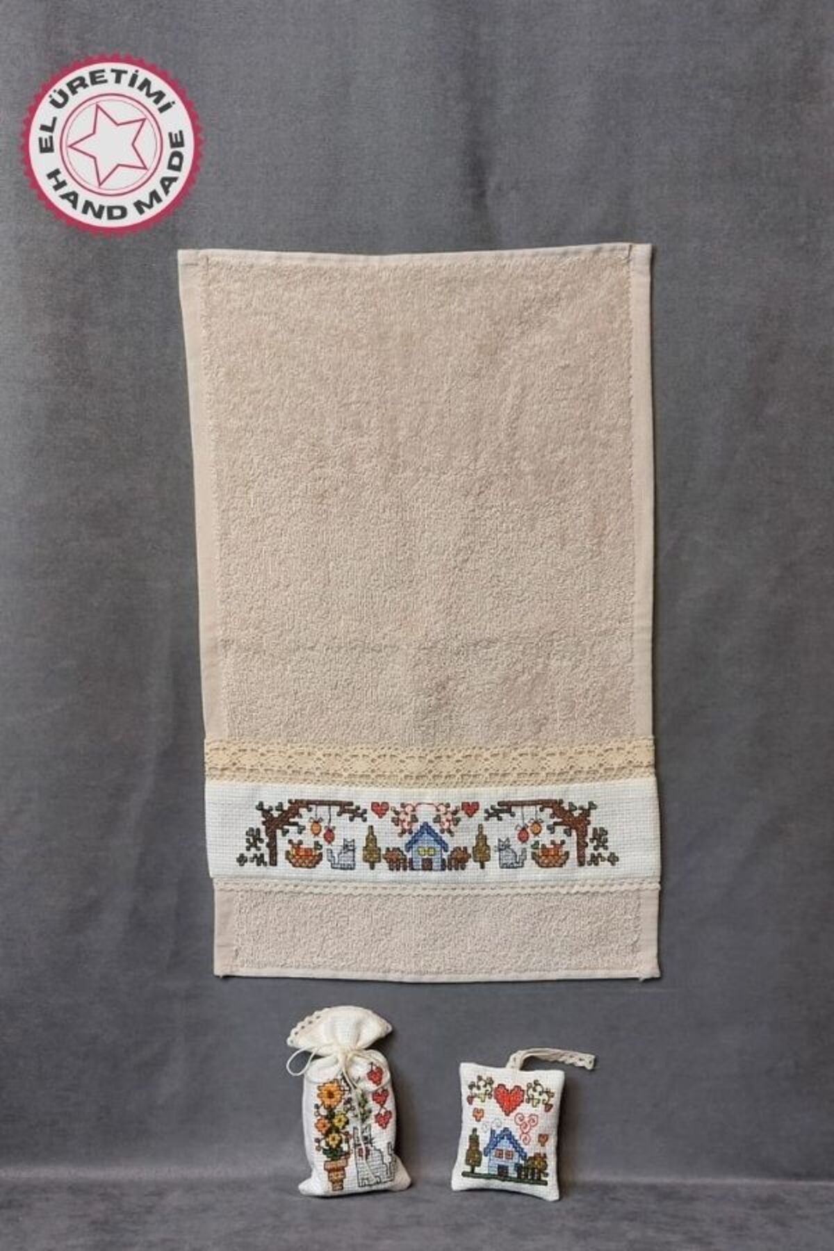 Uretti - Pınar 6788 0724 El Yapımı Banyo El Havlusu Lavanta Torbası ve Sabunluk Üçlü Set