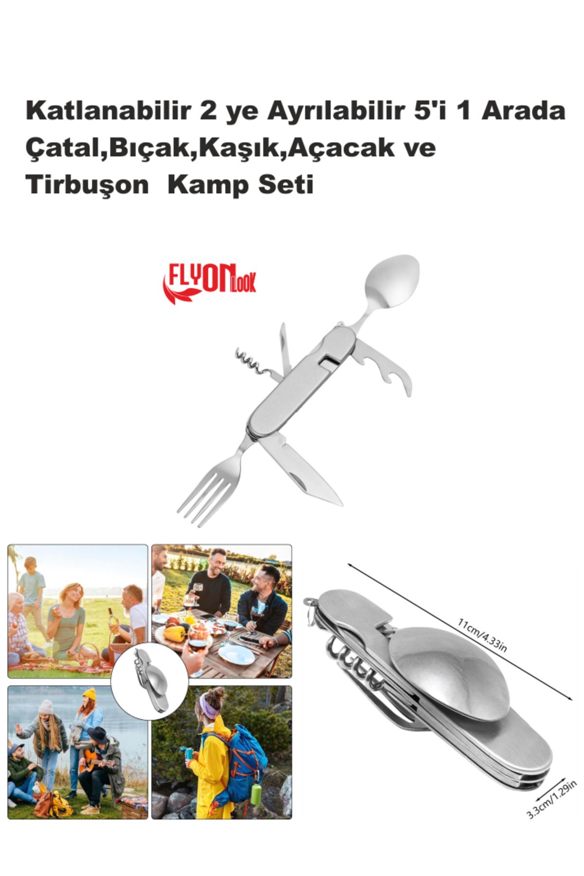 FLYONLOOK 6'sı 1 Arada Paslanmaz Çelik Kamp Çatal Kaşık Seti Konserve Açacağı & Tirbuşonlu Taşınabilir Kılıflı