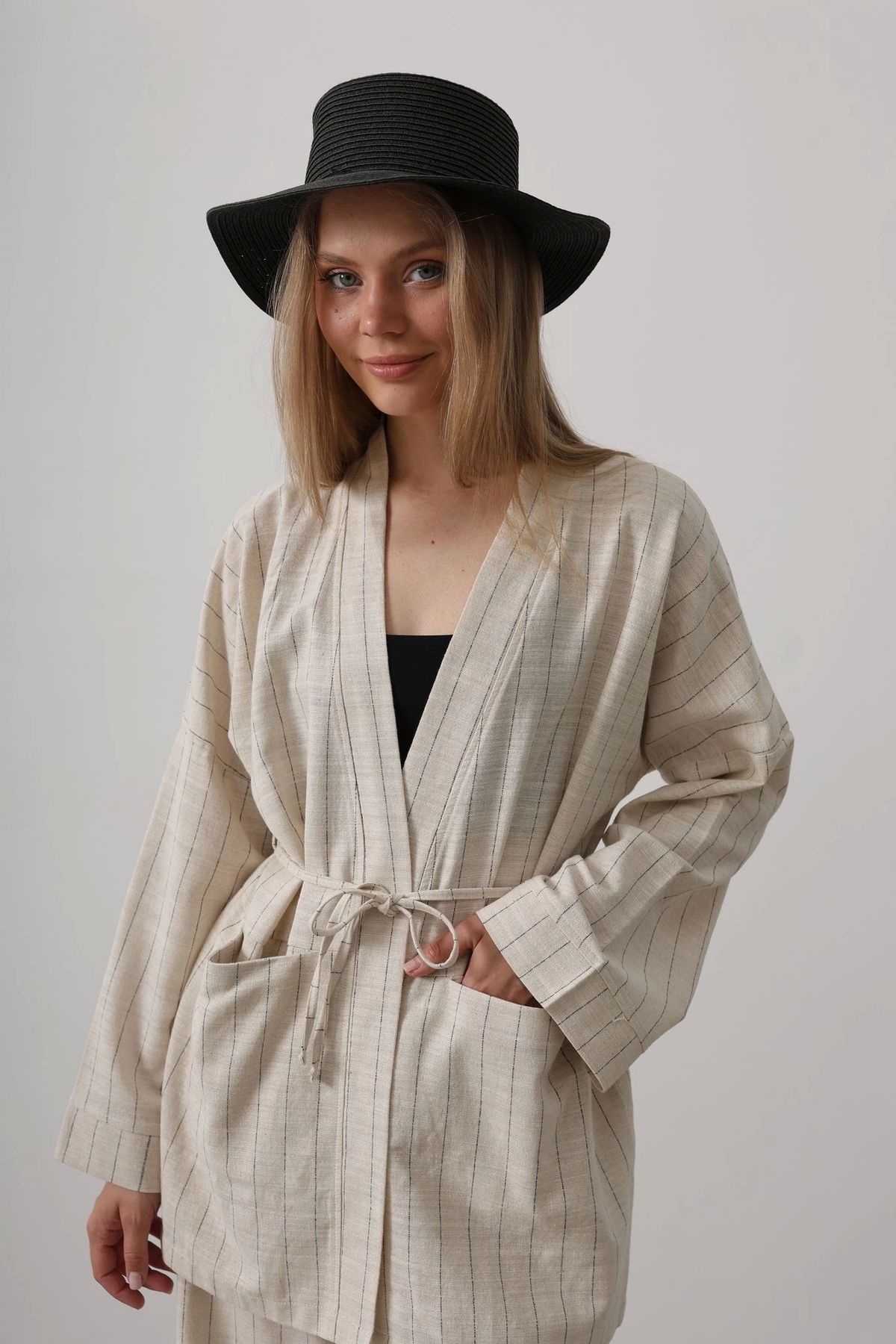 GIDY Çizgi Detaylı Bağlamalı Keten Kimono - Natür