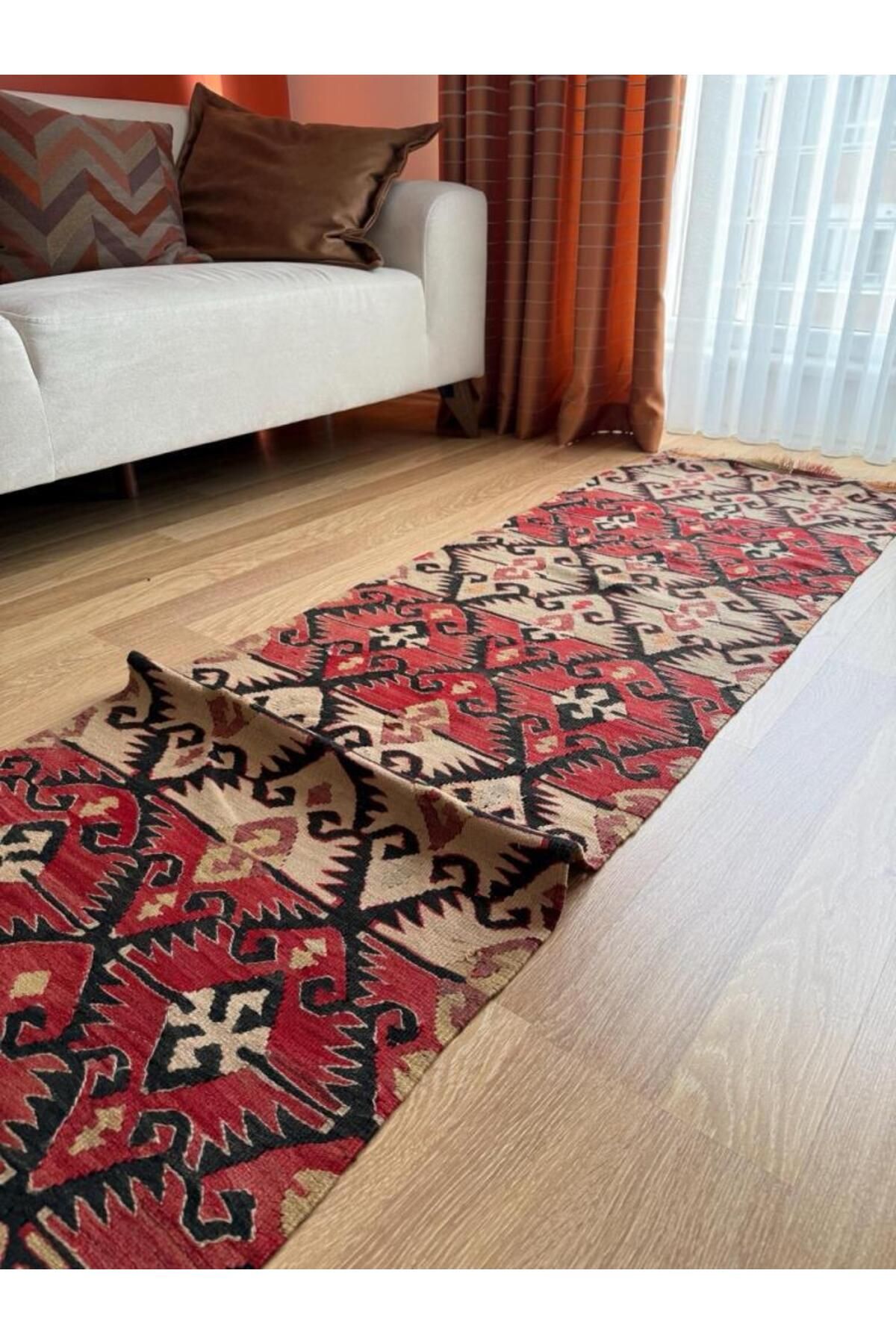 DesignEv 65x295 cm El Dokuma Türk Yolluk, Koç Boynuzlu ve Akrep Motifleri, Mükemmel Kondisyon, Benzersiz Bohe