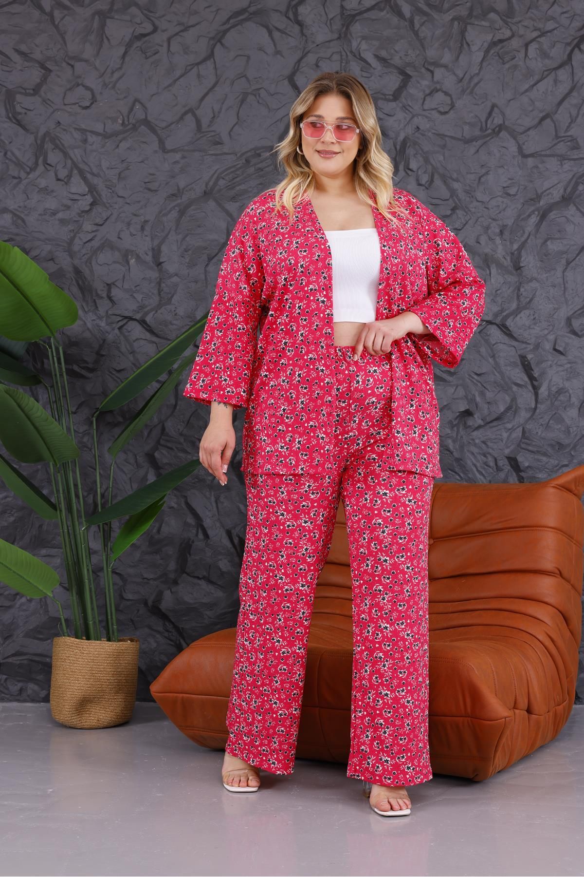 Siyezen Büyük Beden Çiçek Desen Kimono Takım