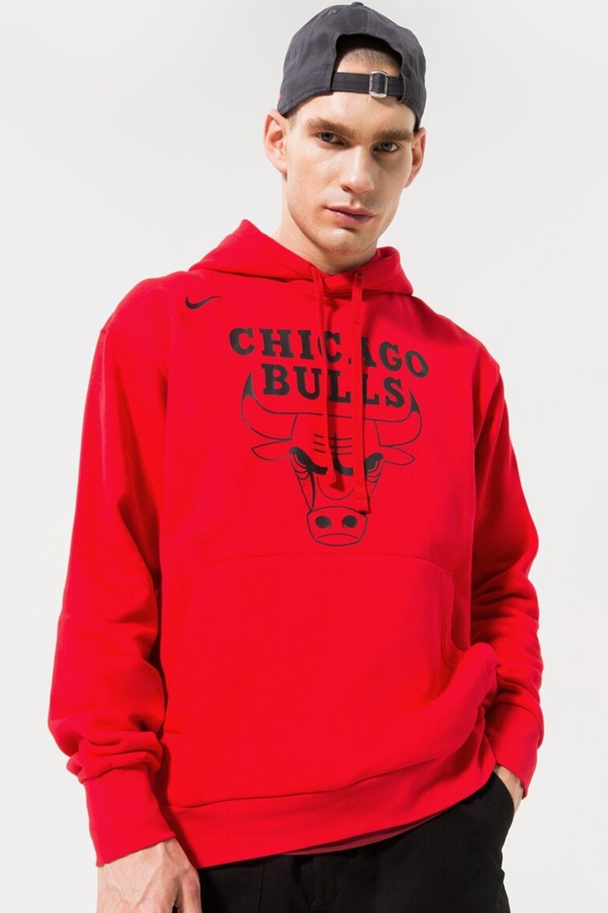 Nike NBA Chicago Bulls Fleece Pullover Essential Erkek Kapüşonlu Bol Kesim Sweatshirt Kırmızı