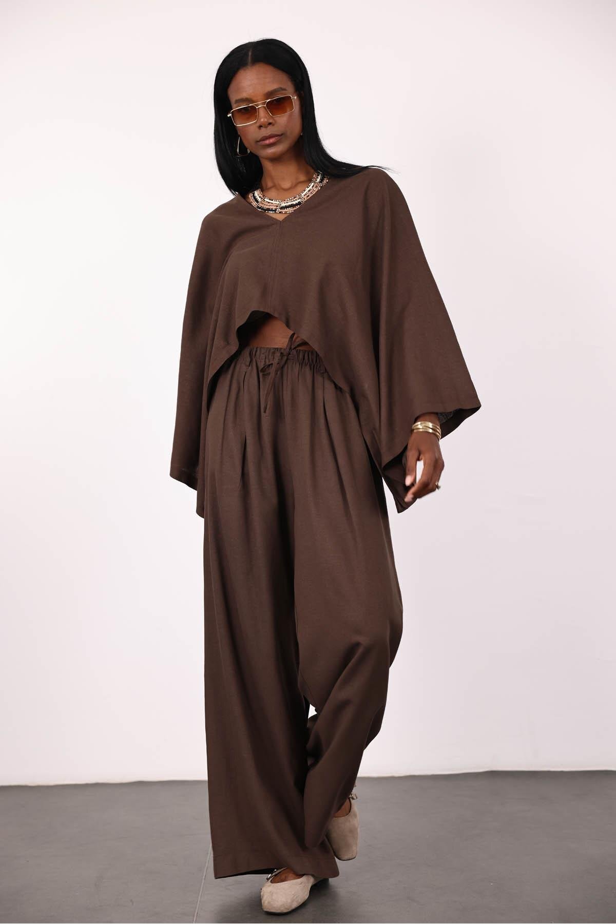 5in1Canpolat-Bitter Brown Bat Sleeve Blouse Trousers Set 3