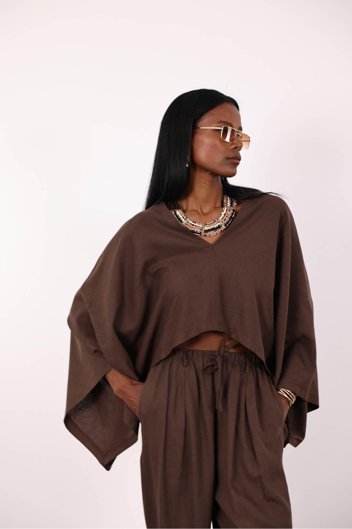 5in1Canpolat-Bitter Brown Bat Sleeve Blouse Trousers Set 4
