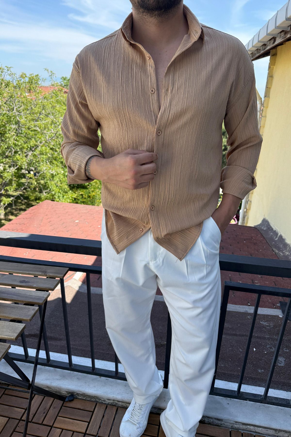 Tarz Cool Tam Kalıp Bürümcük Kumaş Gömlek Zümrüt Vizon