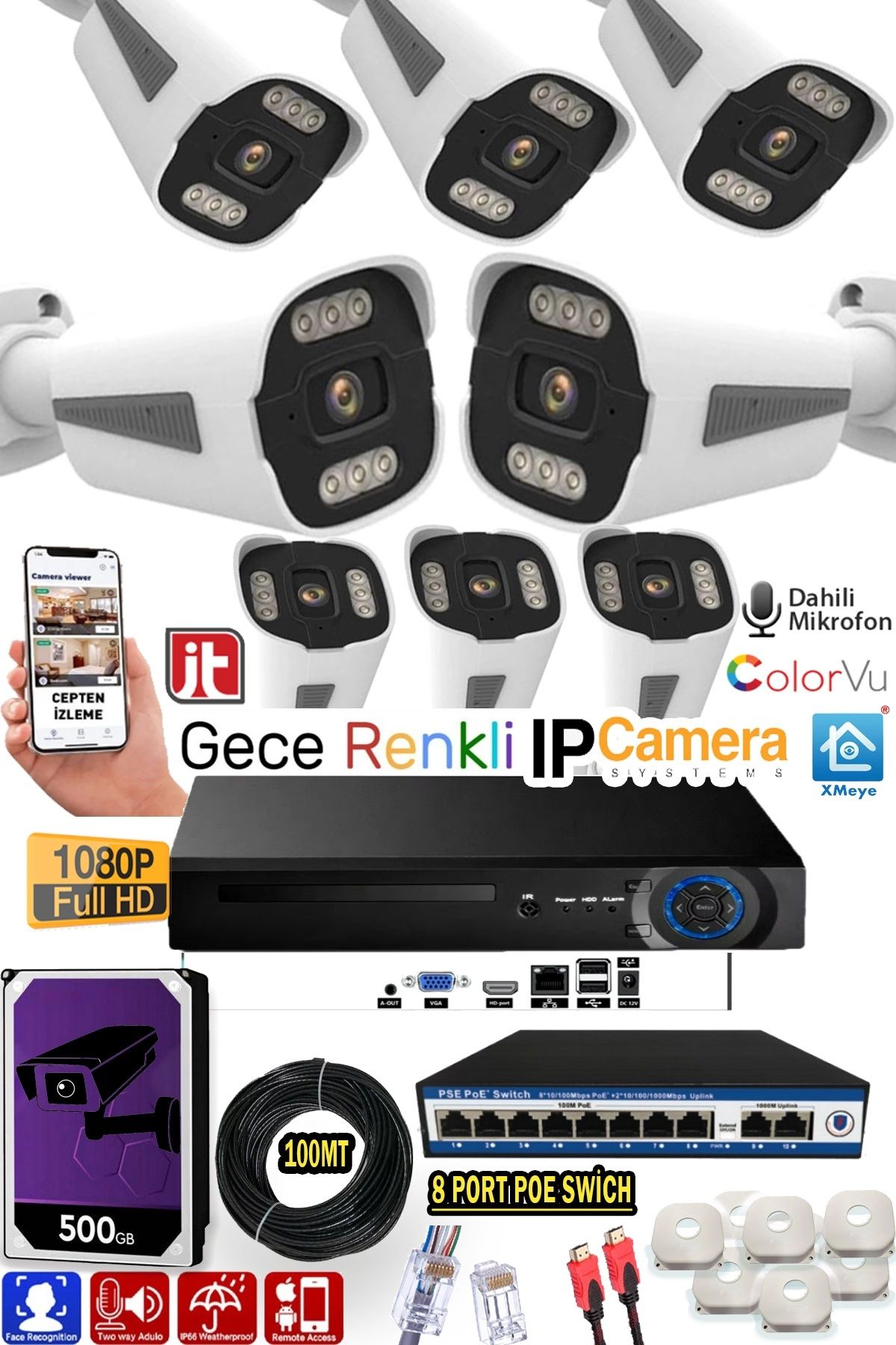 jetucuzal 8 Kameralı IP Set 500GB 8090 5MP Mikrofonlu HD Gece Renkli Güvenlik Kamerası Sistemi -Cepten izle