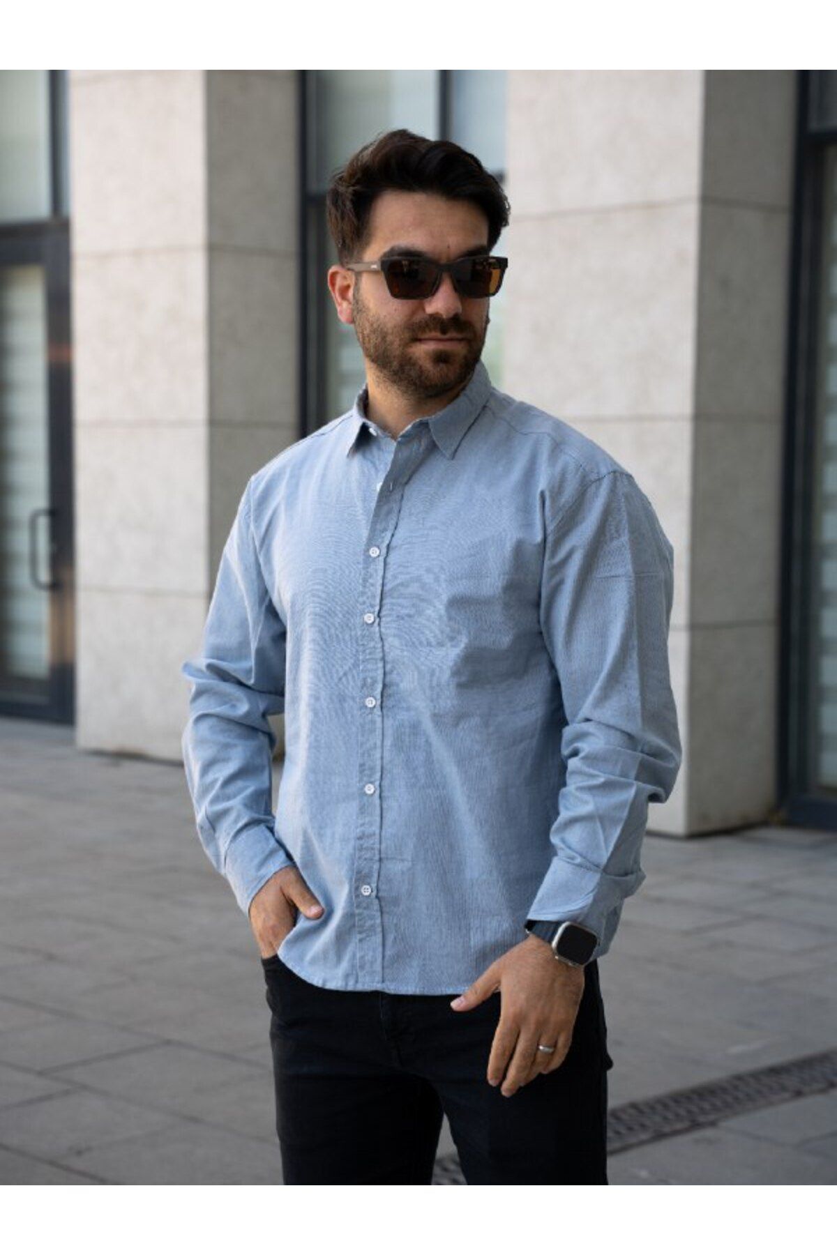 YONEZ MODA Erkek Rahat Crop Bel Falmlı Keten Uzun Kol Gömlek