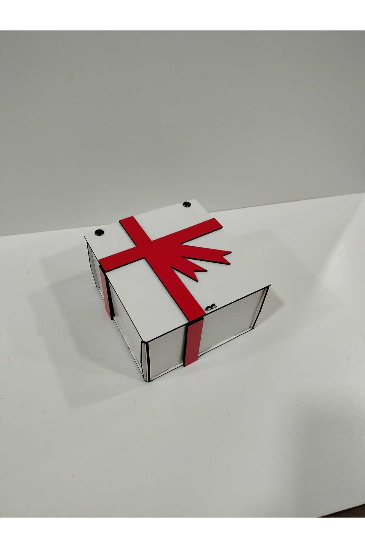 Vuslat Hediyelik Beyaz Ahşap Hediye Kutusu (15x15 cm) Yükseklik 9cm Dekor Kırmızı