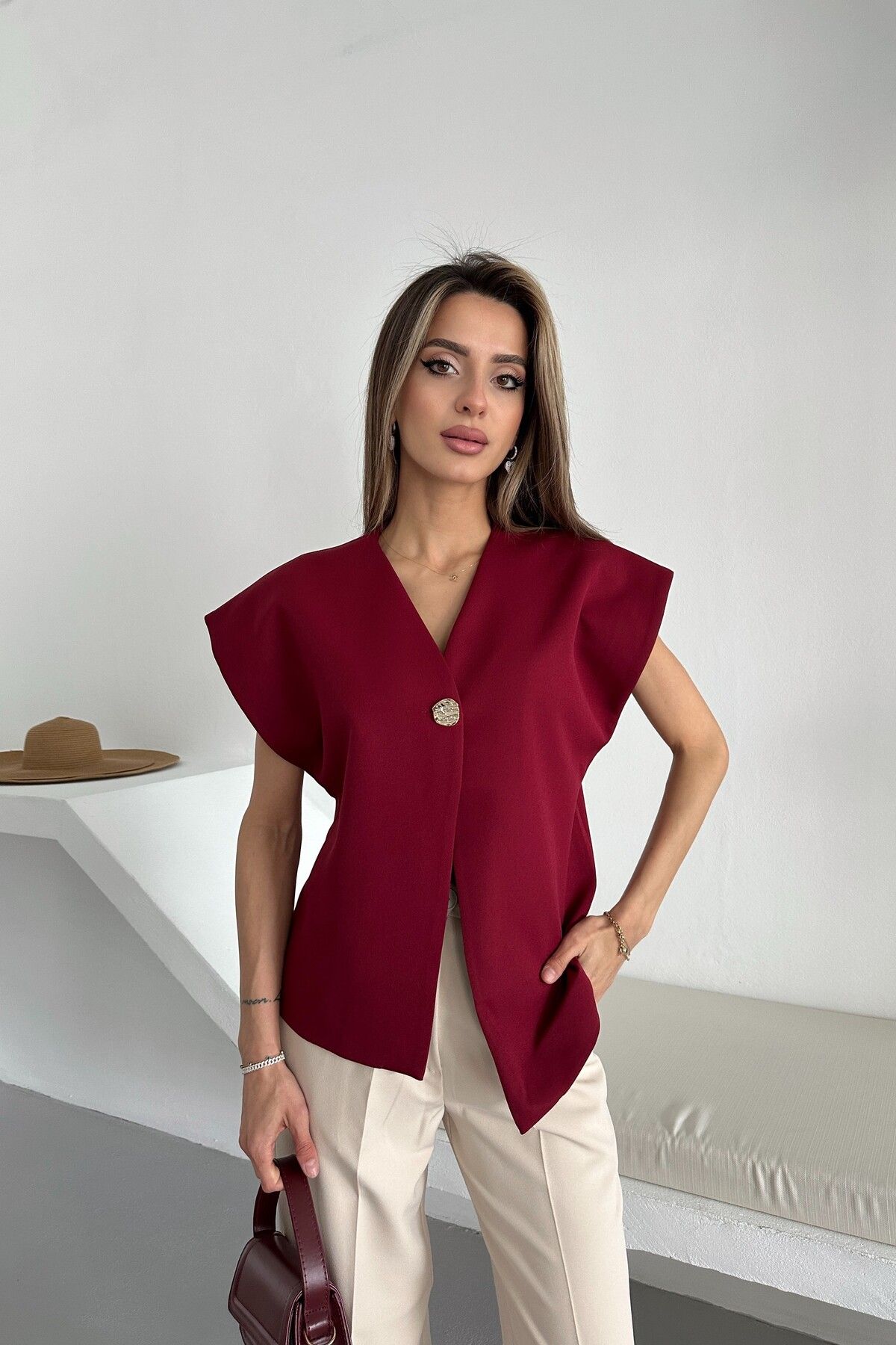 MAT Collection Kadın Bordo Tek Düğme Salaş Astarlı Yelek