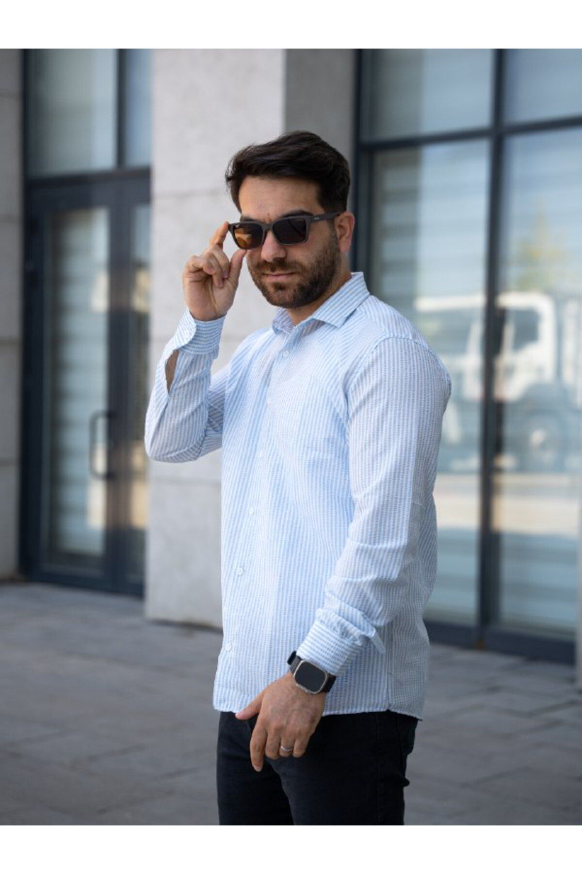 YONEZ MODA Erkek Rahat Kalıp Çizgili Klasik Yaka Uzun Kol Gömlek