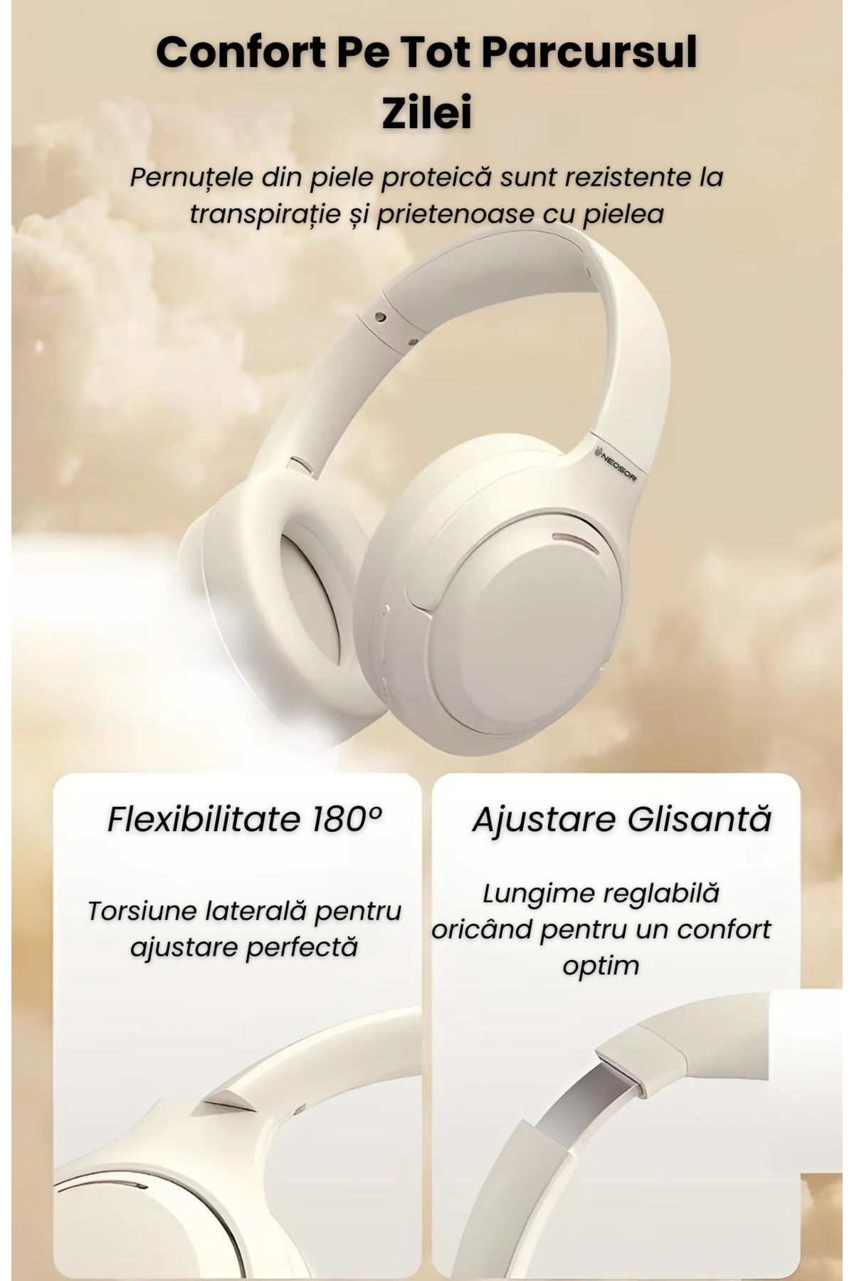 NEOSOR-Casti Over The Ear,Microfon,Wireless,Bluetooth 5.4,Autonomie 60H,Noise Cancelling, Bej 4