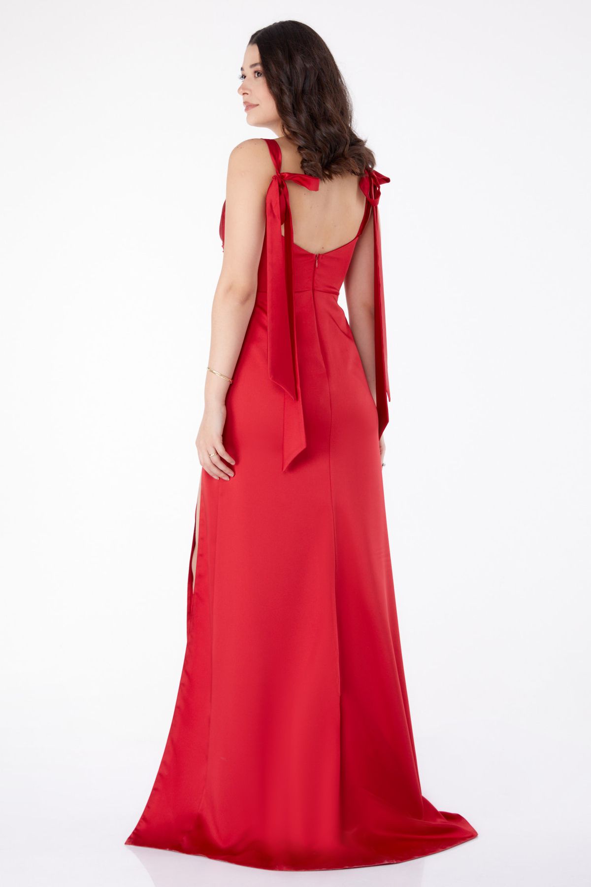 TOFİSA-Sleeveless Stone Evening Dress Red - 25455 5