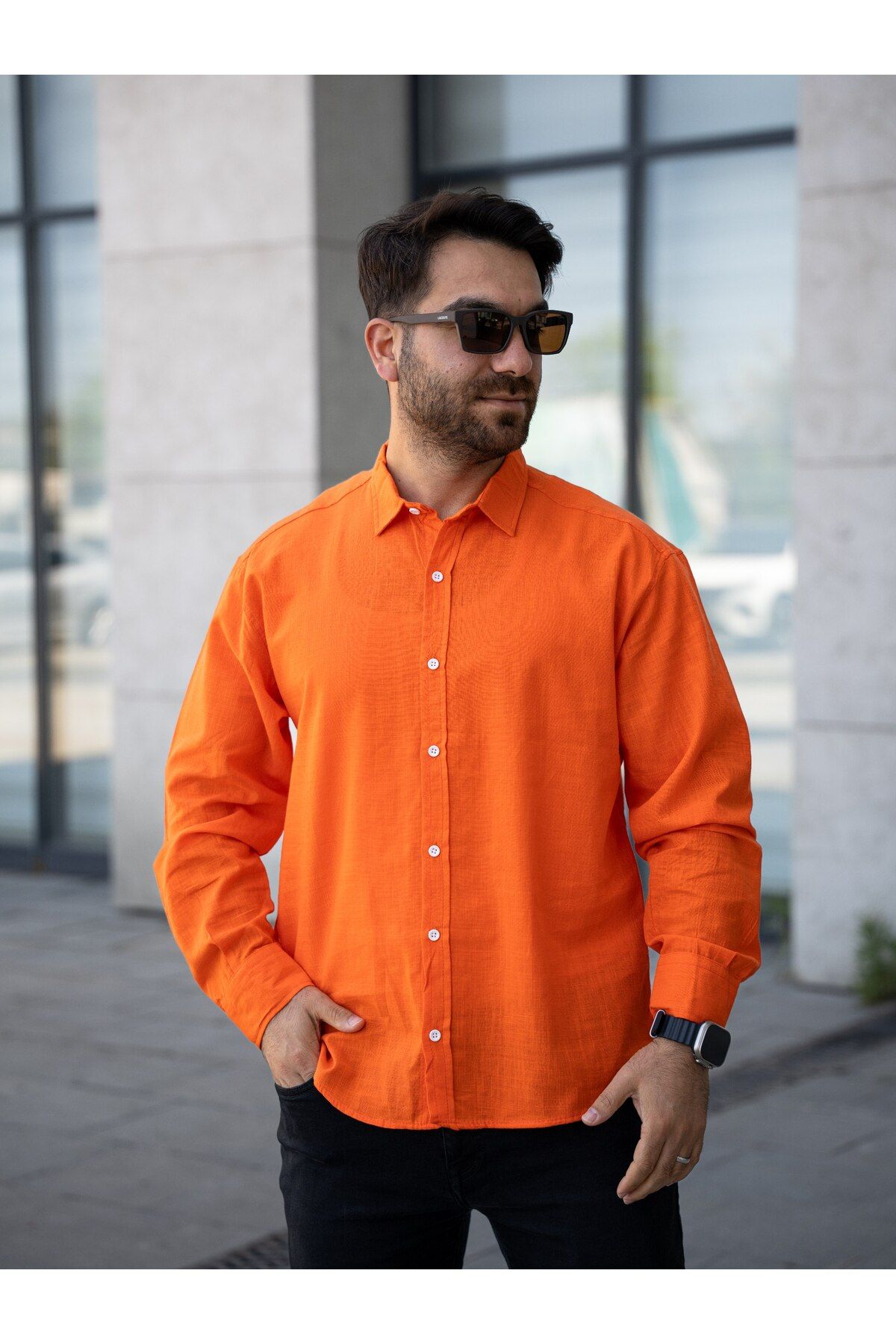 YONEZ MODA Erkek Rahat Crop Bel Falmlı Keten Uzun Kol Gömlek