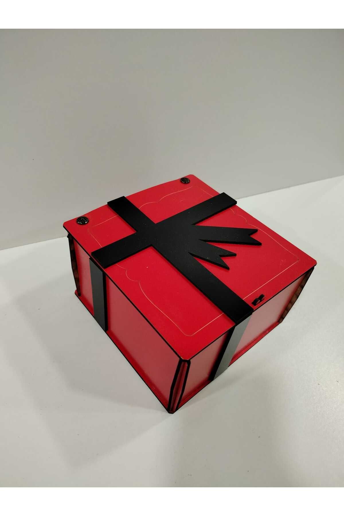Vuslat Hediyelik Kırmızı Ahşap Hediye Kutusu (15x15 cm) Yükseklik 9cm Dekor Siyah