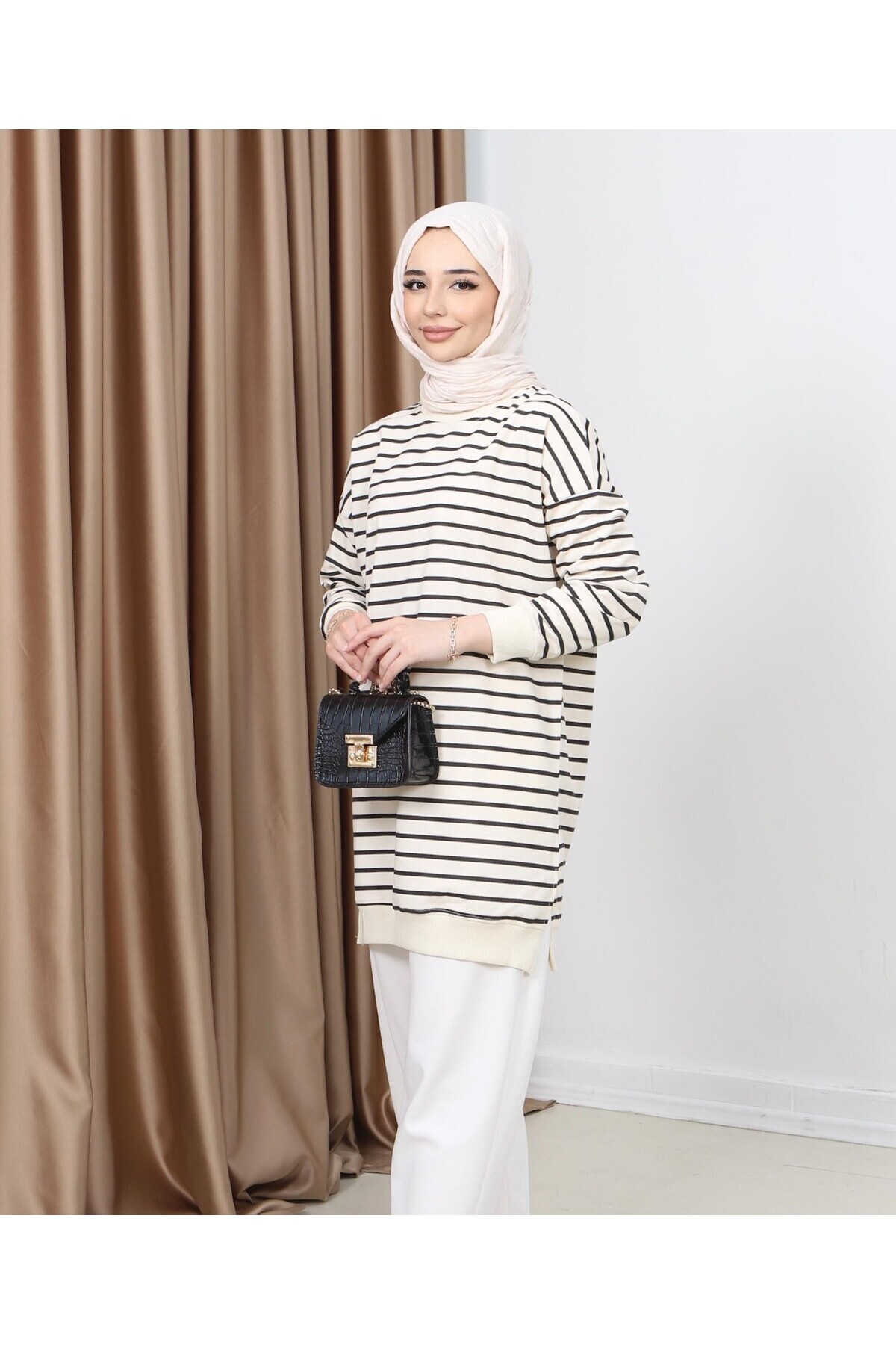 Neva-Γυναικείο Hijab Crew Neck με δύο κλωστές χτενισμένο βαμβακερό ύφασμα κατά του ιδρώτα Basic ριγέ τουνίκ 5
