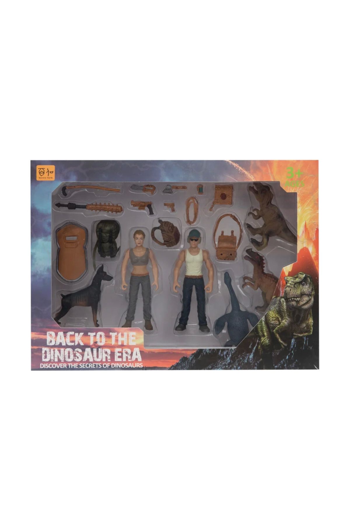 MELFSHOP Kadın Erkek Figürlü 3 Dinozorlu ve Aksesuarlı Oyun Seti