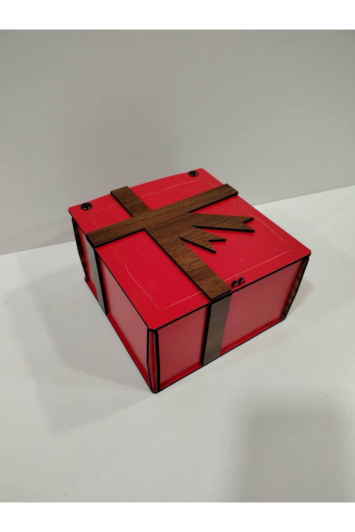 Vuslat Hediyelik Kırmızı Ahşap Hediye Kutusu (15x15 cm) Yükseklik 9cm Dekor Ceviz