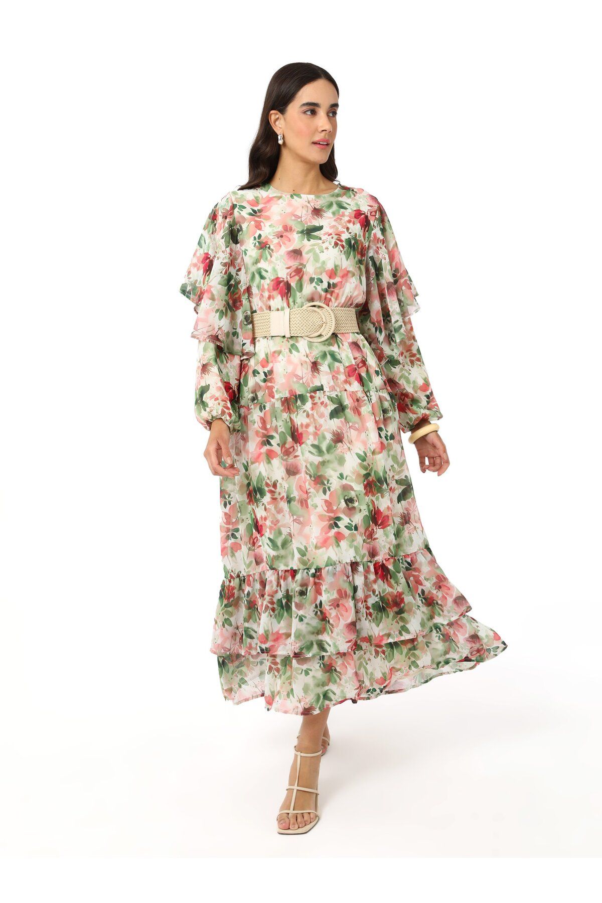 Refka-Rochie musulmană din șifon cu modele florale cu detaliu cu volane - roz - Refka 3