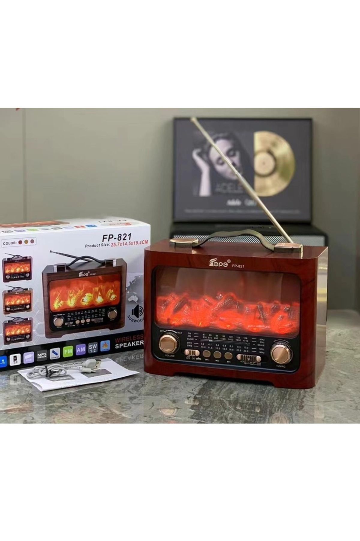 WASHA Şömineli Radyo Nostaljik Radyo Şömine Görünümlü Bluetooth Speaker USB TF FM