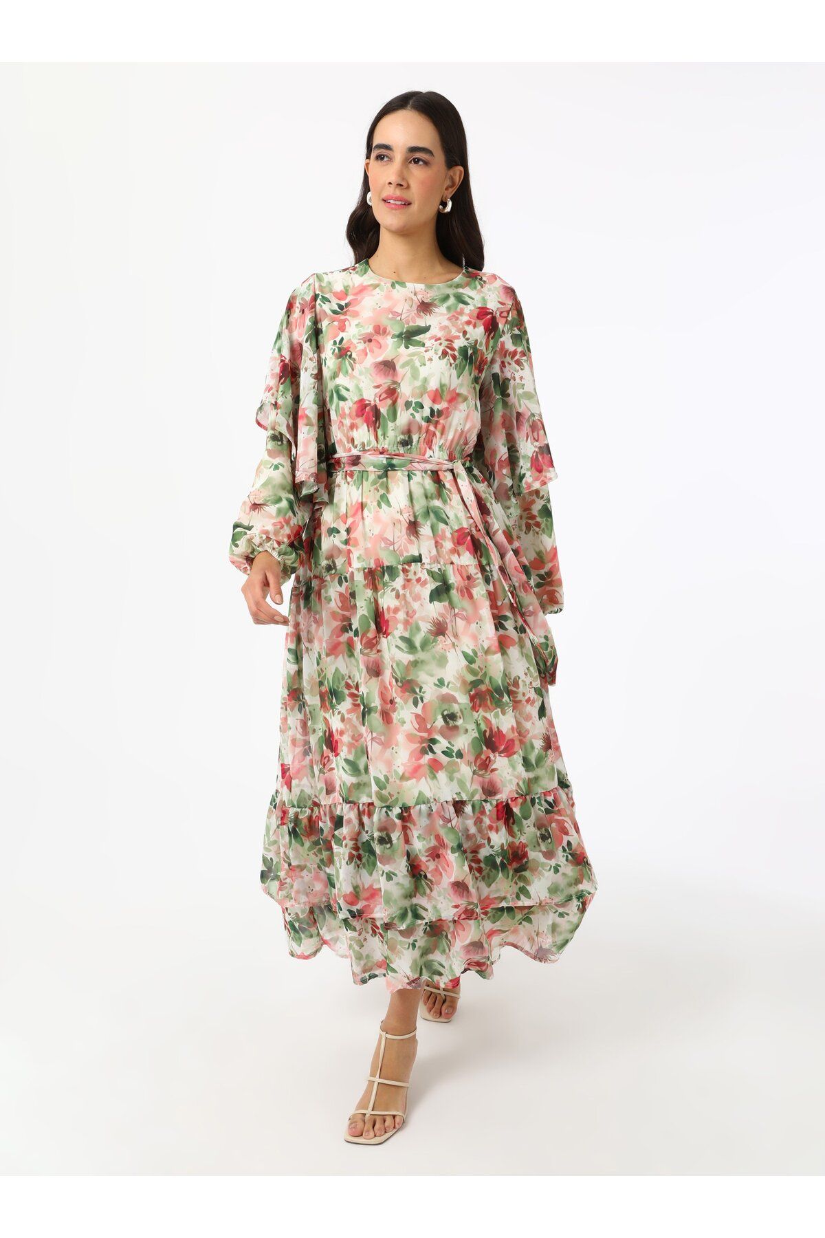 Refka-Rochie musulmană din șifon cu modele florale cu detaliu cu volane - roz - Refka 4
