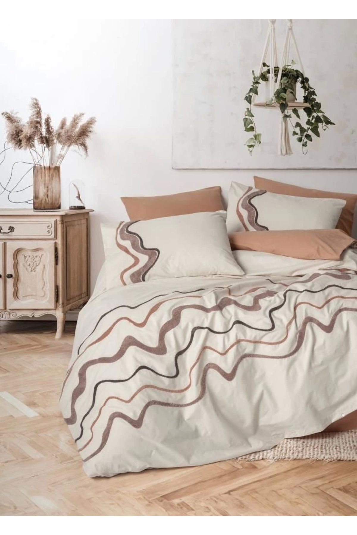 Angoravi Cotton Box Puff Nakışlı Ranforce Çift Kişilik Nevresim Takımı Molende Karamel