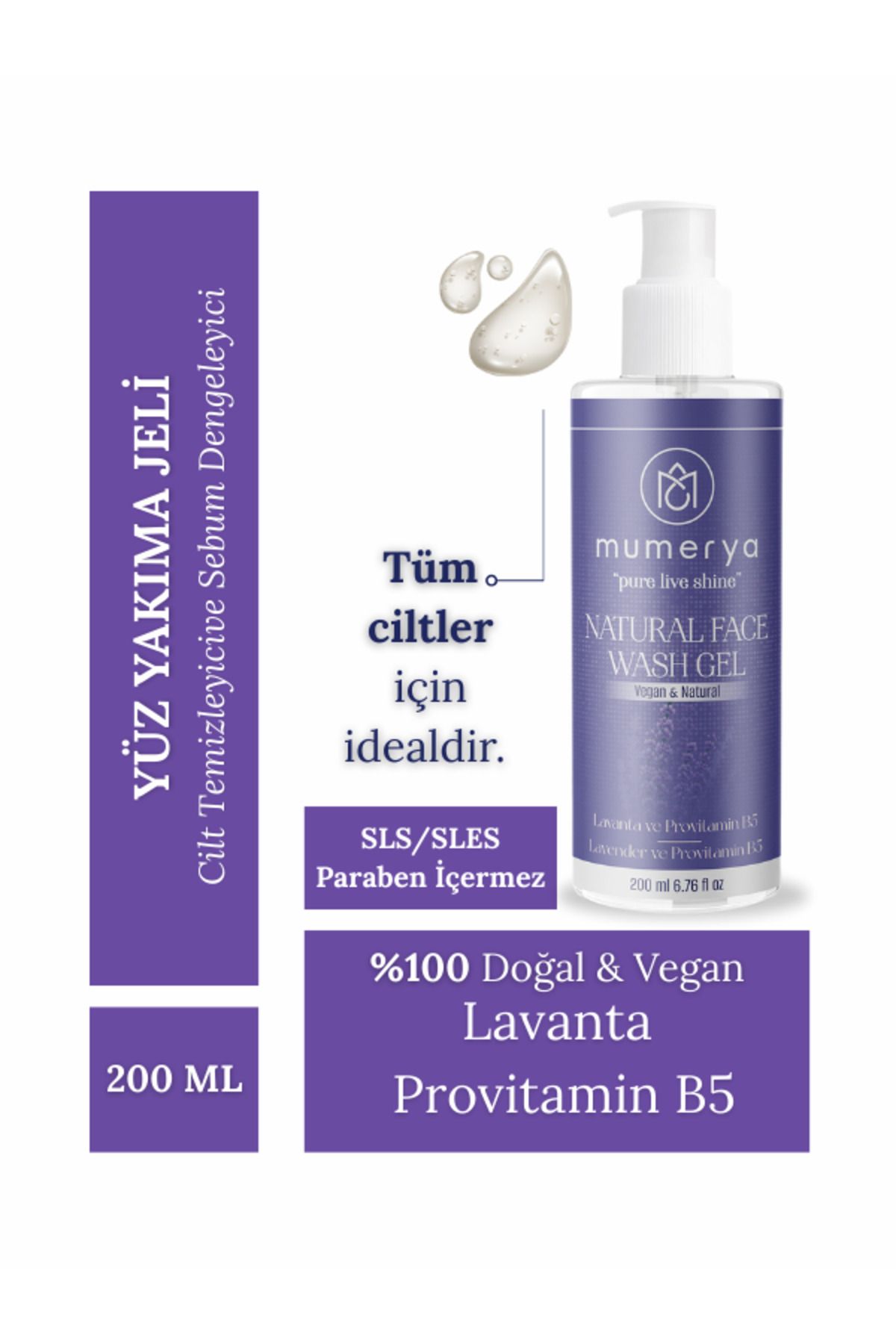 MUMERYA Natural Face Wash Jel | Lavanta & Provitamin B5 Doğal Yüz Temizleme Jeli