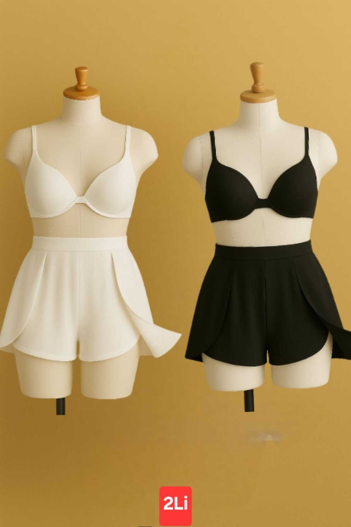 Stail Moda Kadın 2li Dalgıç Kumaş Astali Yırtmaçlı Etek Görünümlü Şık Deniz Şortu 2025
