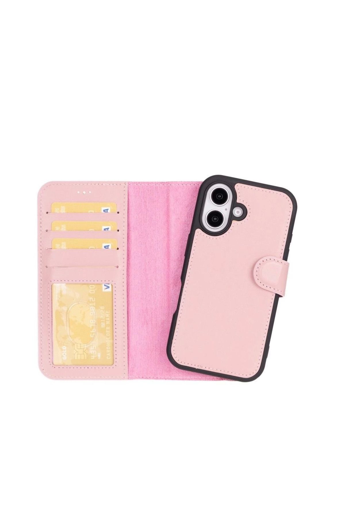 Angoravi Apple iPhone 16 Plus uyumlu, Hakiki Deri, El Yapımı, Cüzdanlı Kılıf, Toz Pembe