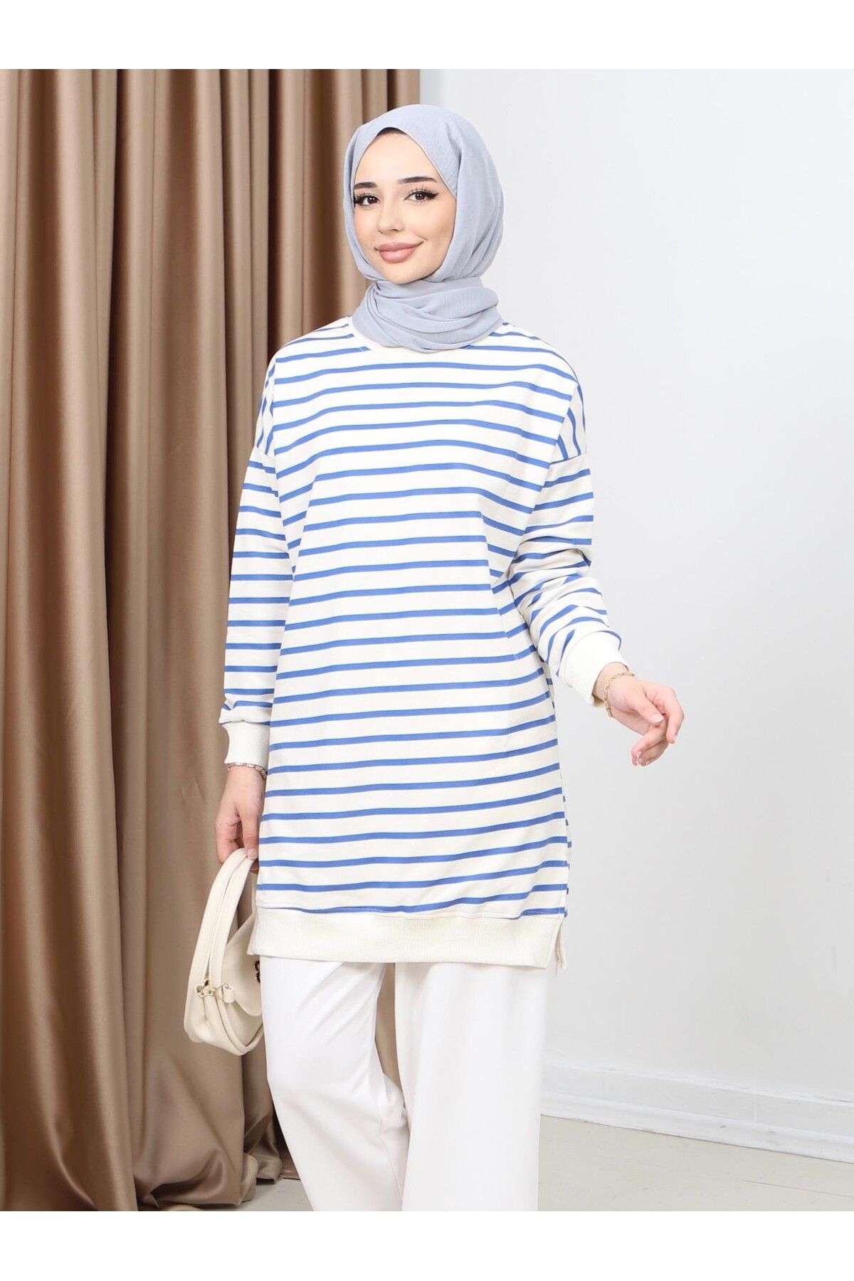 Neva-Striped Summer Hijab Tunic Sweatshirt - Two Thread 6