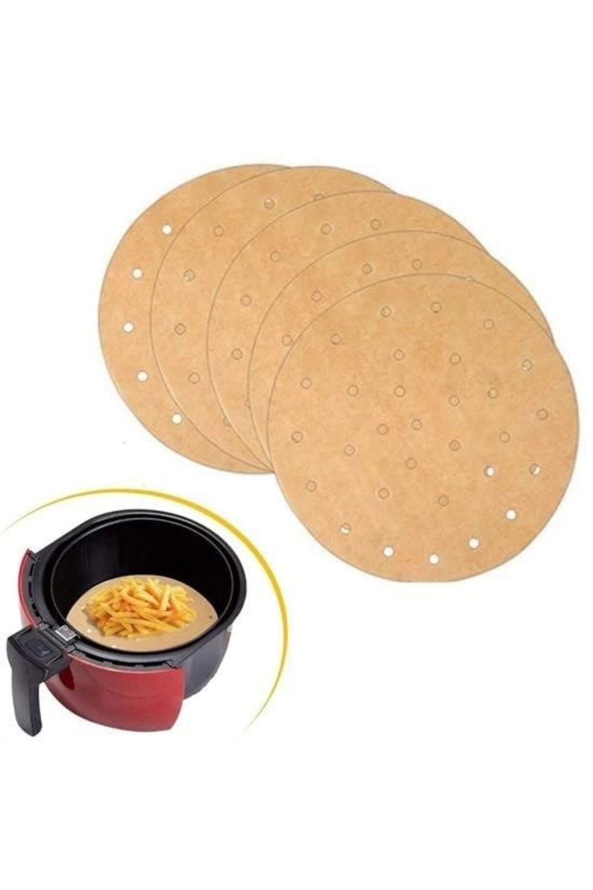 ÖYKÜ VE YİĞİT 100 Adet Air Fryer Pişirme Kağıdı Tek Kullanımlık Hava Fritözü Yuvarlak Delikli Model