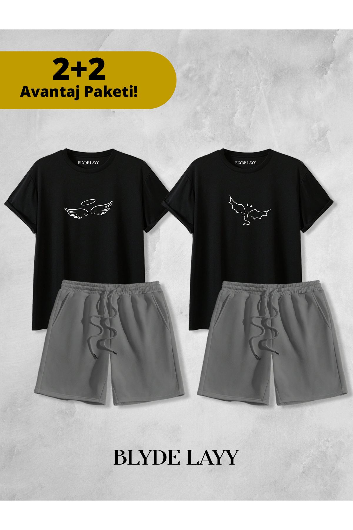 BLYDE LAYY Melek-Şeytan Baskılı Unisex 2'li Sevgili Çift Kombini (2 Şort - 2 T-shirt Takımı Avantaj Paketi)