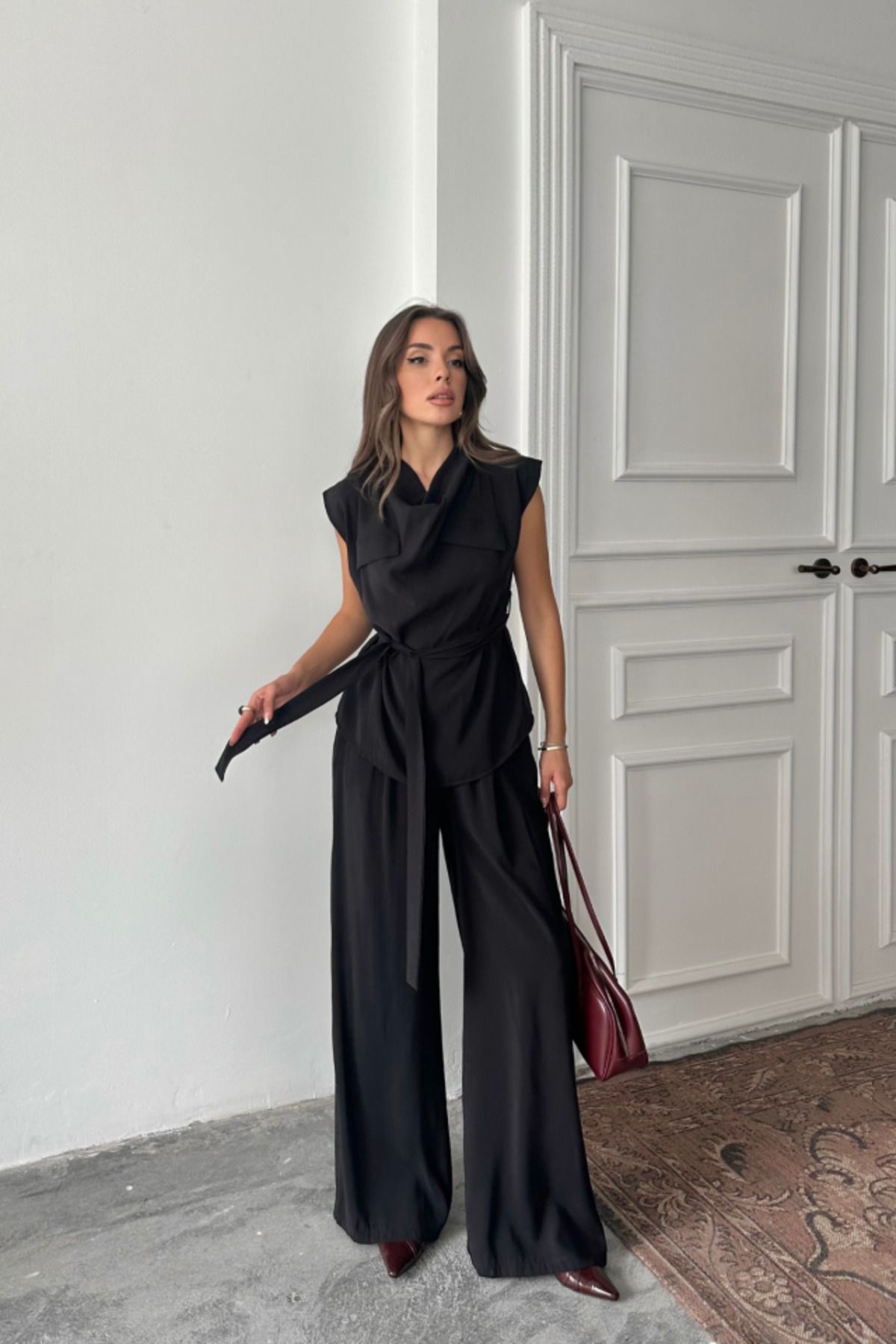 velmorafashion MODAL KOLSUZ BLUZ KAPALI CEP DETAYLI DÖKÜMLÜ - PANTOLON TAKIM - Siyah