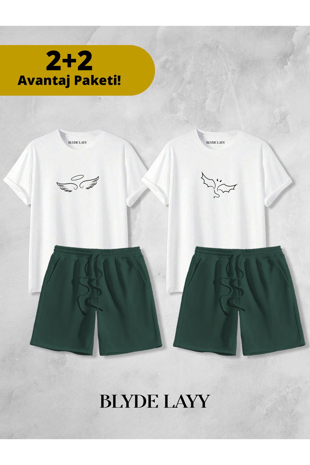 BLYDE LAYY Melek-Şeytan Baskılı Unisex 2'li Sevgili Çift Kombini (2 Şort - 2 T-shirt Takımı Avantaj Paketi)