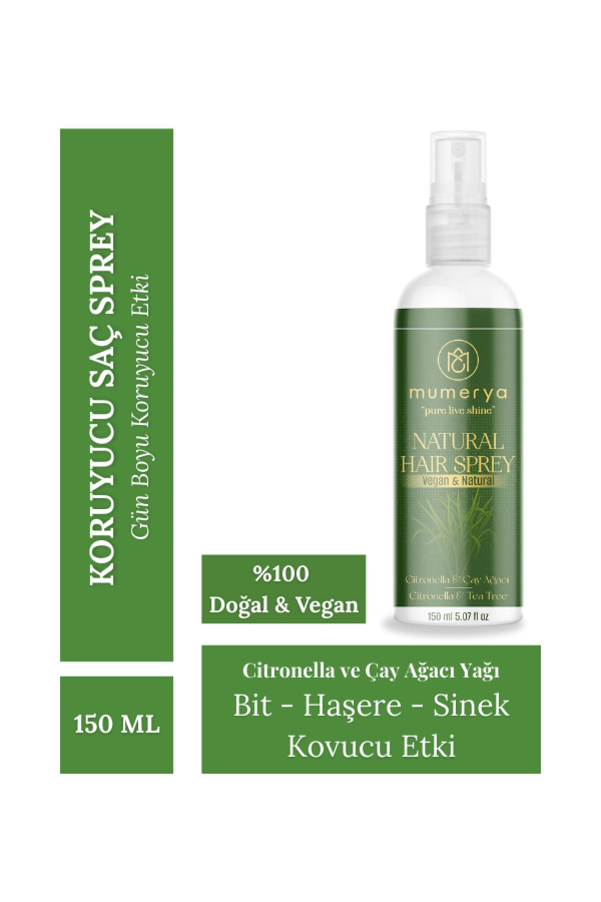 MUMERYA Natural Hair Sprey – Bitkisel Saç Koruyucu 150 ml (CİTRONELLA & ÇAY AĞACI YAĞI IÇERİKLİ)