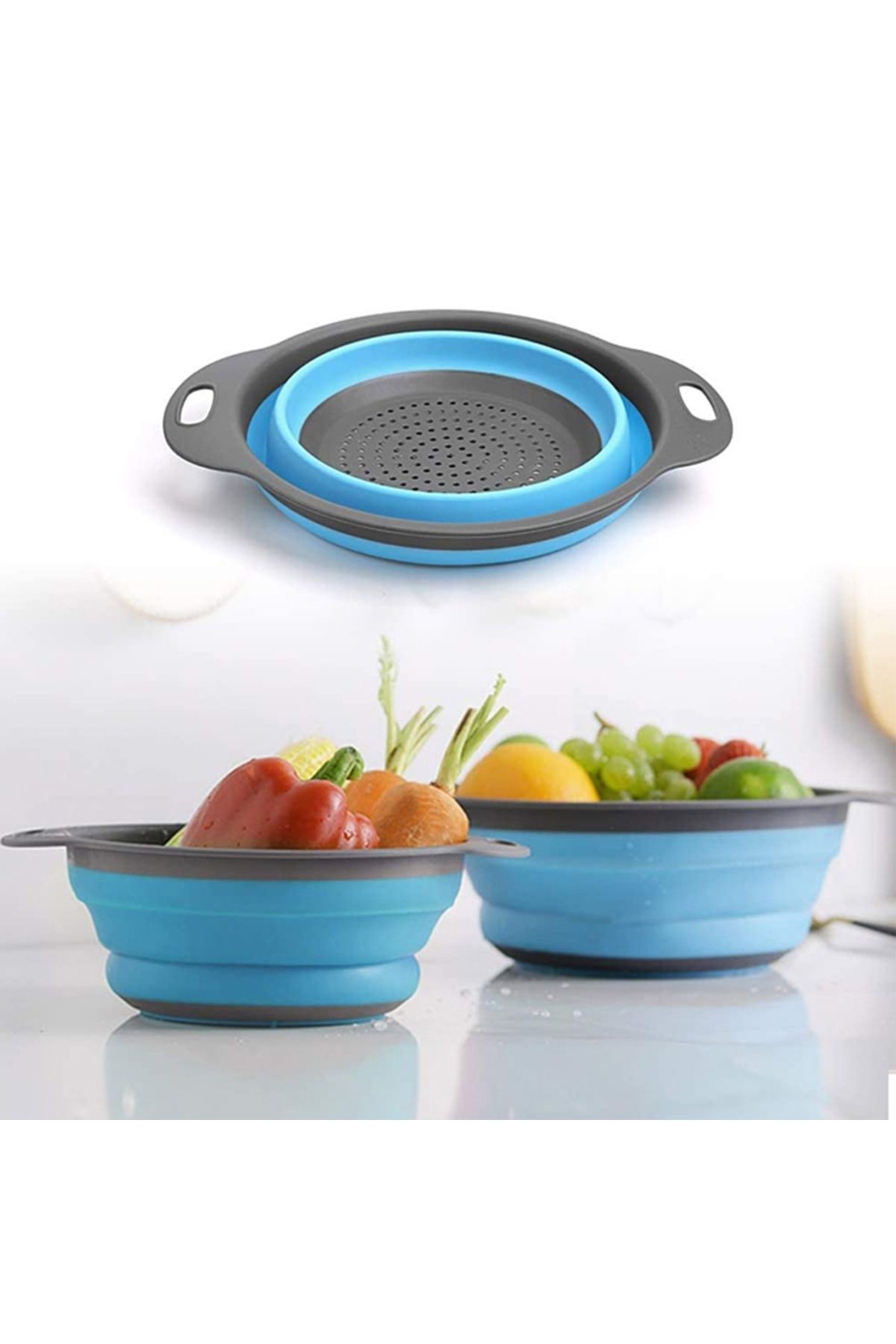 zola-Collapsible silicone colander set, 2 pieces, 19-24 x 3-3.5 cm, gray with blue 11