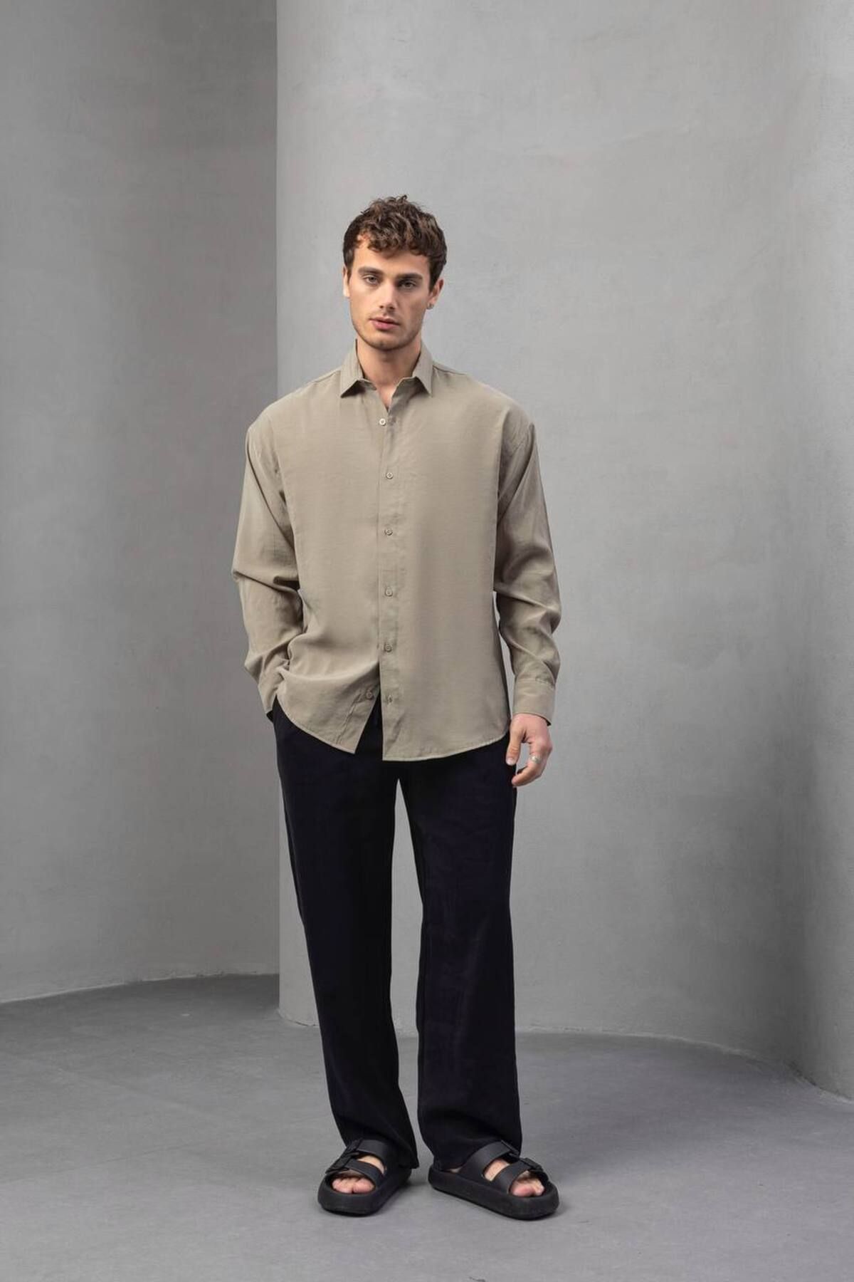 DİE MEN Erkek Yarım Oversize Kesim Keten Görünümlü Gömlek